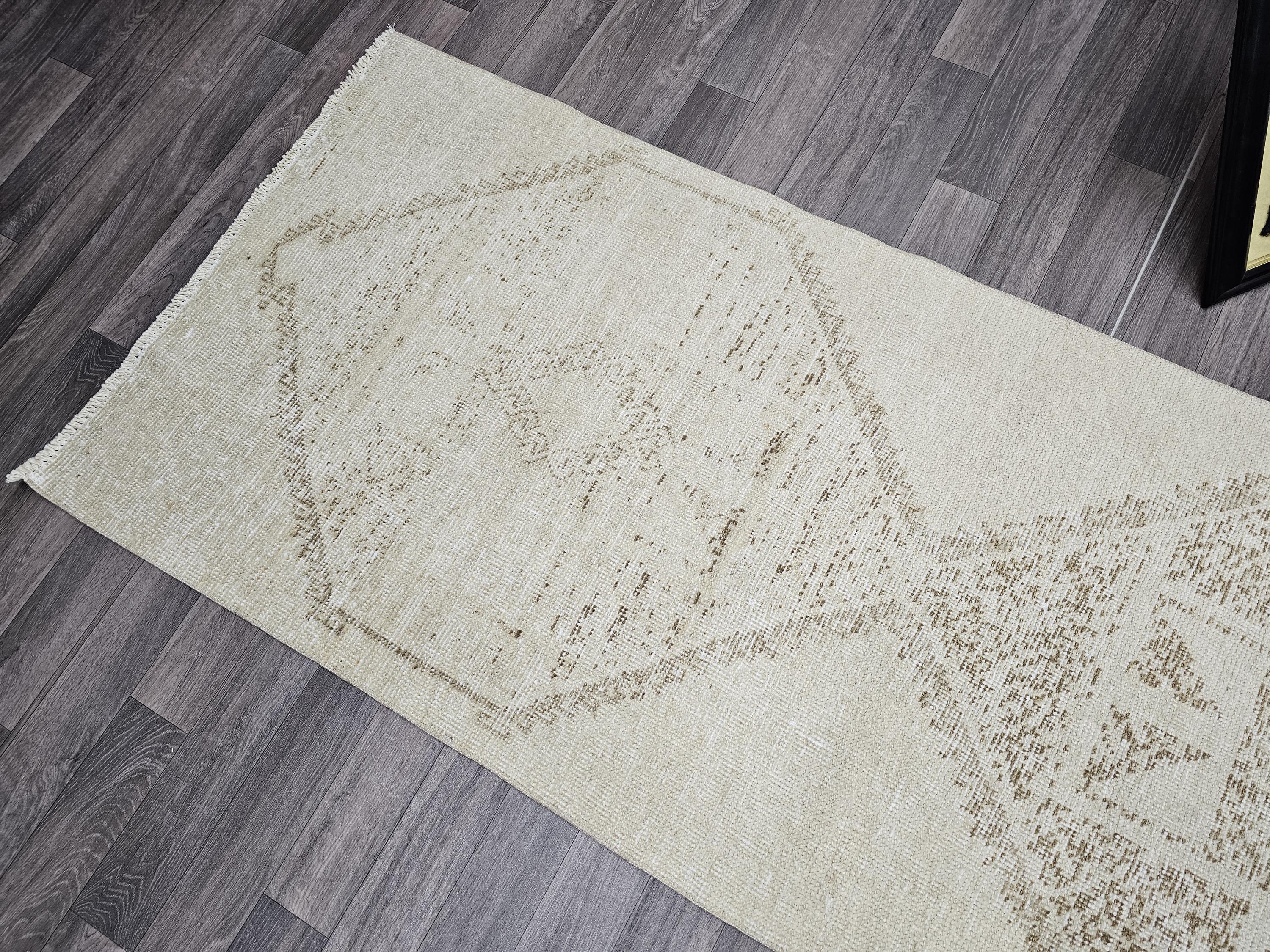 Vintage Oushak Runner Rug: 3x12.25 ft, Neutral Turkish Wool Rug