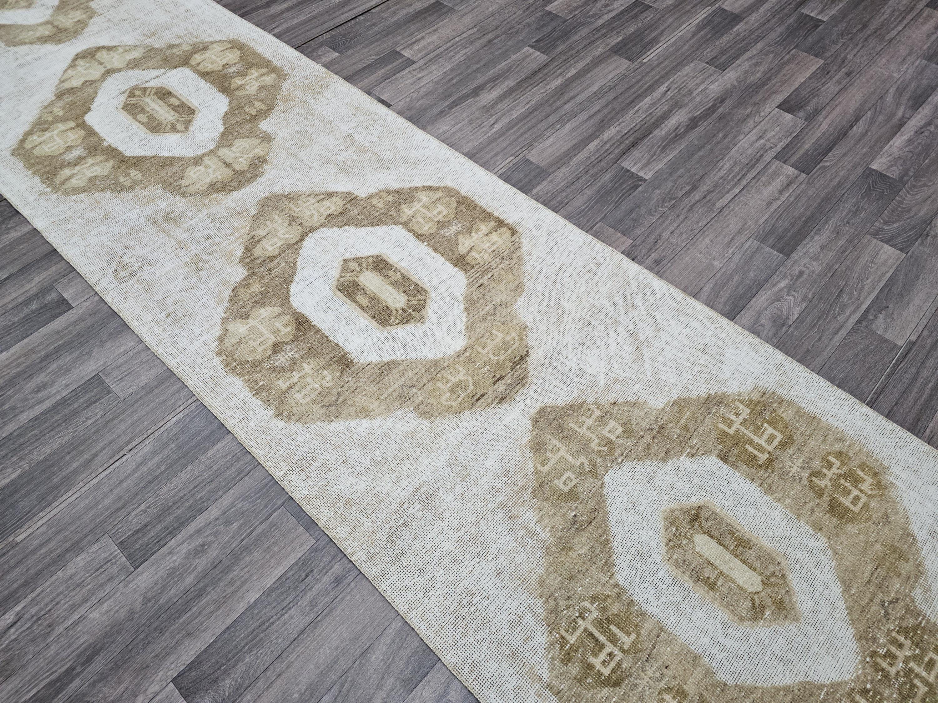 Oushak Runner 3x13 feet - Vintage Neutral Turkish Runner Rug for Kitchen and Hallway