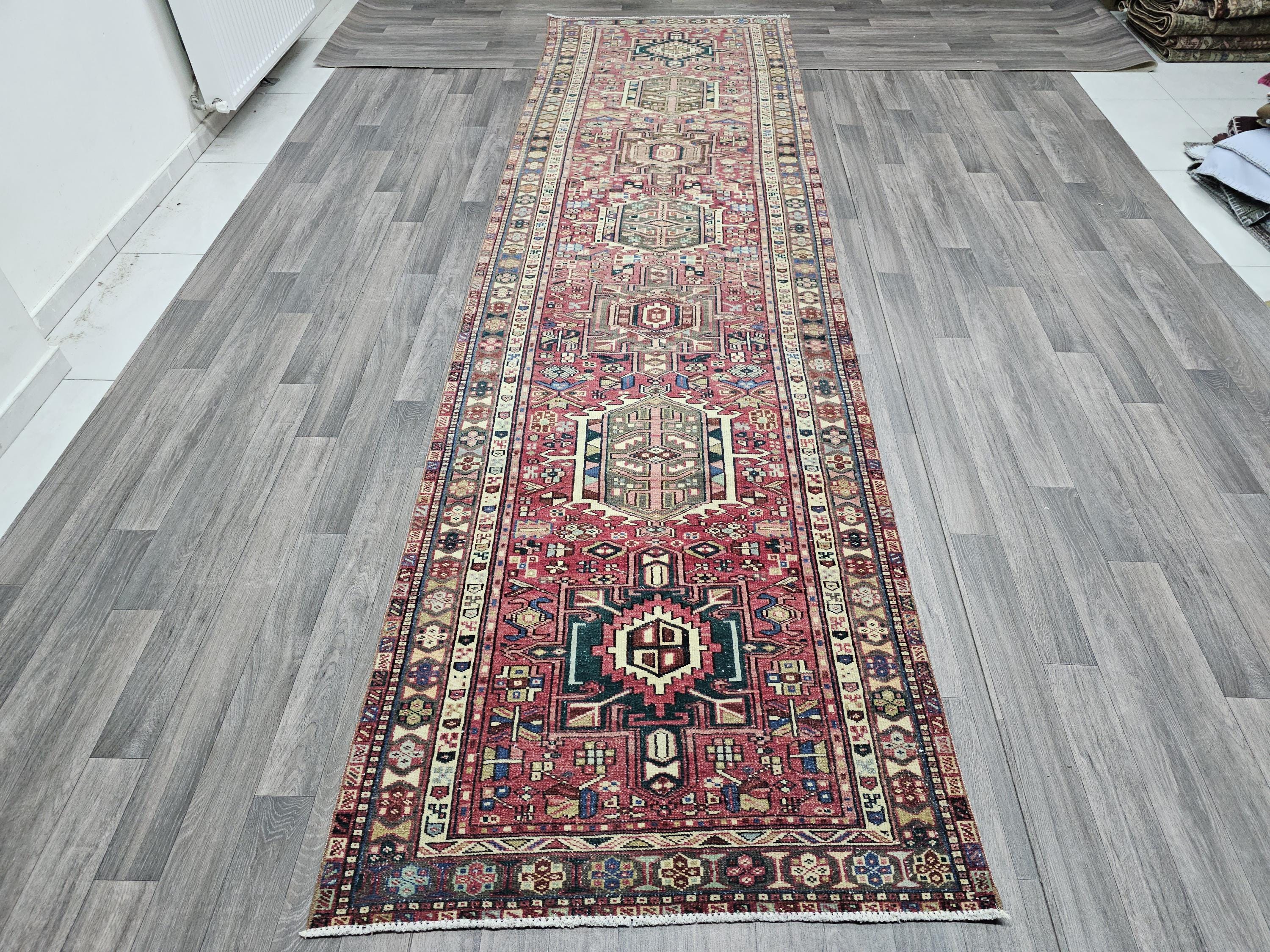 Vintage Heriz Wool Runner Rug: 3.5x13 Pastel Rustic Decor