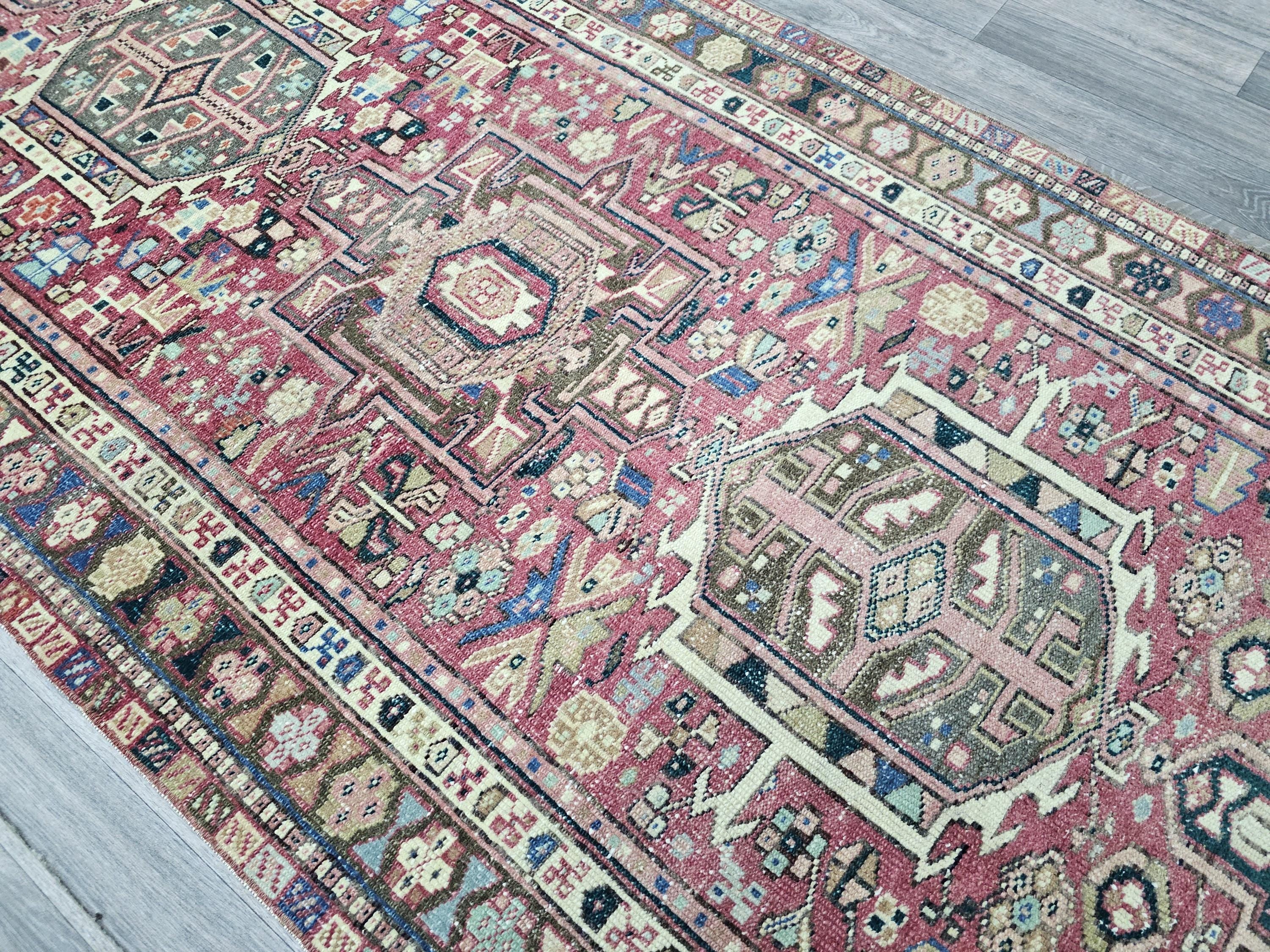 Vintage Heriz Wool Runner Rug: 3.5x13 Pastel Rustic Decor