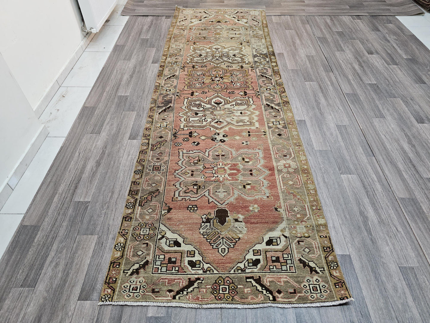 Wide Antique Oushak Runner: Geometric Wool Turkish Rug (3.5x11 ft)