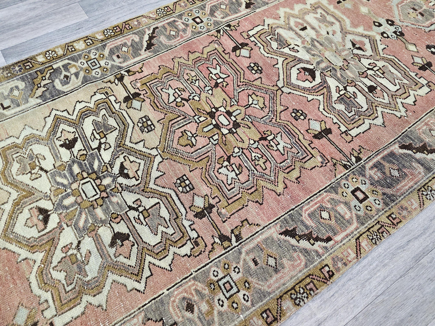 Wide Antique Oushak Runner: Geometric Wool Turkish Rug (3.5x11 ft)