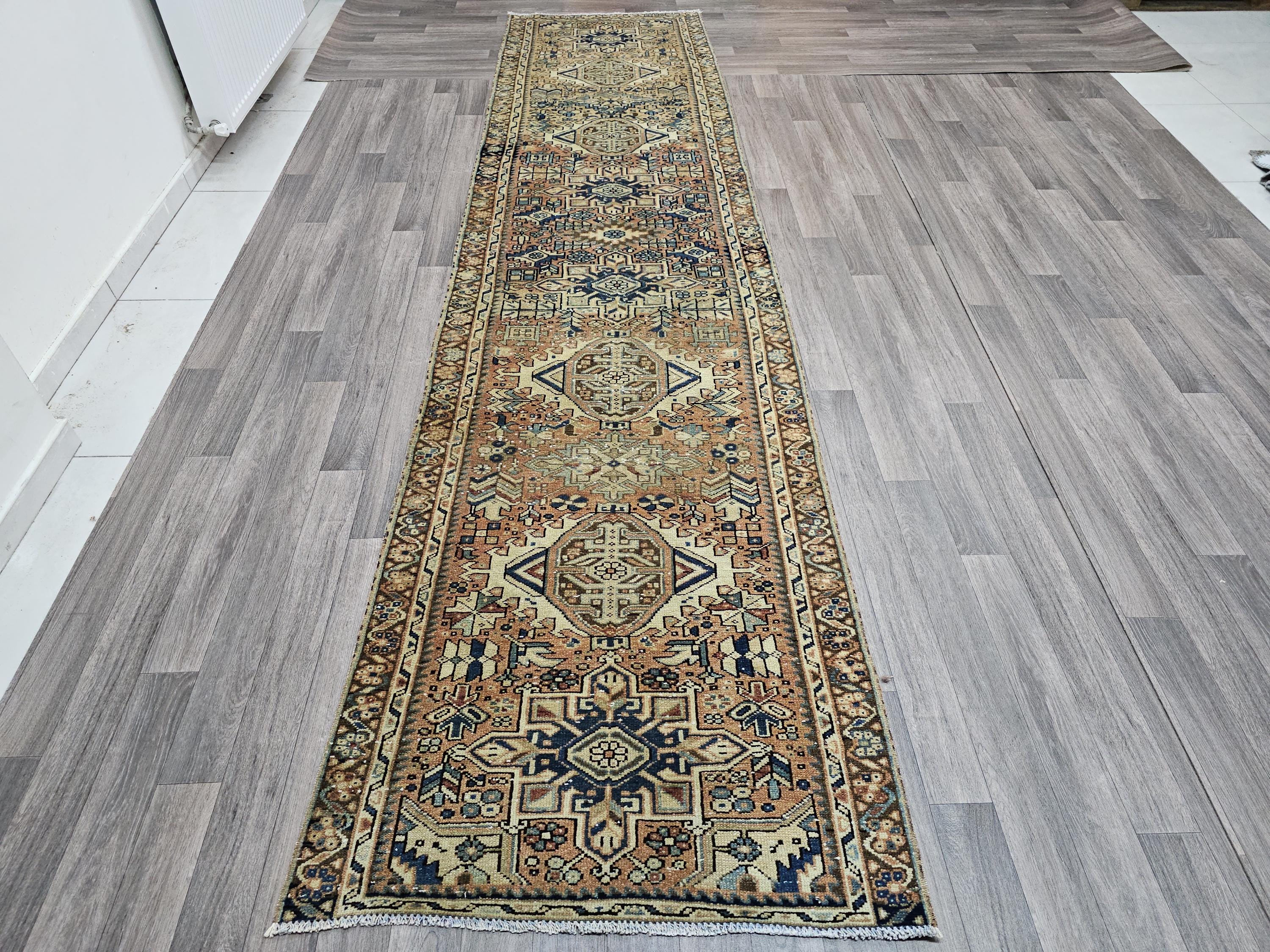 Hand Knotted Wool Runner Rug: 3x12 ft Vintage Persian Design
