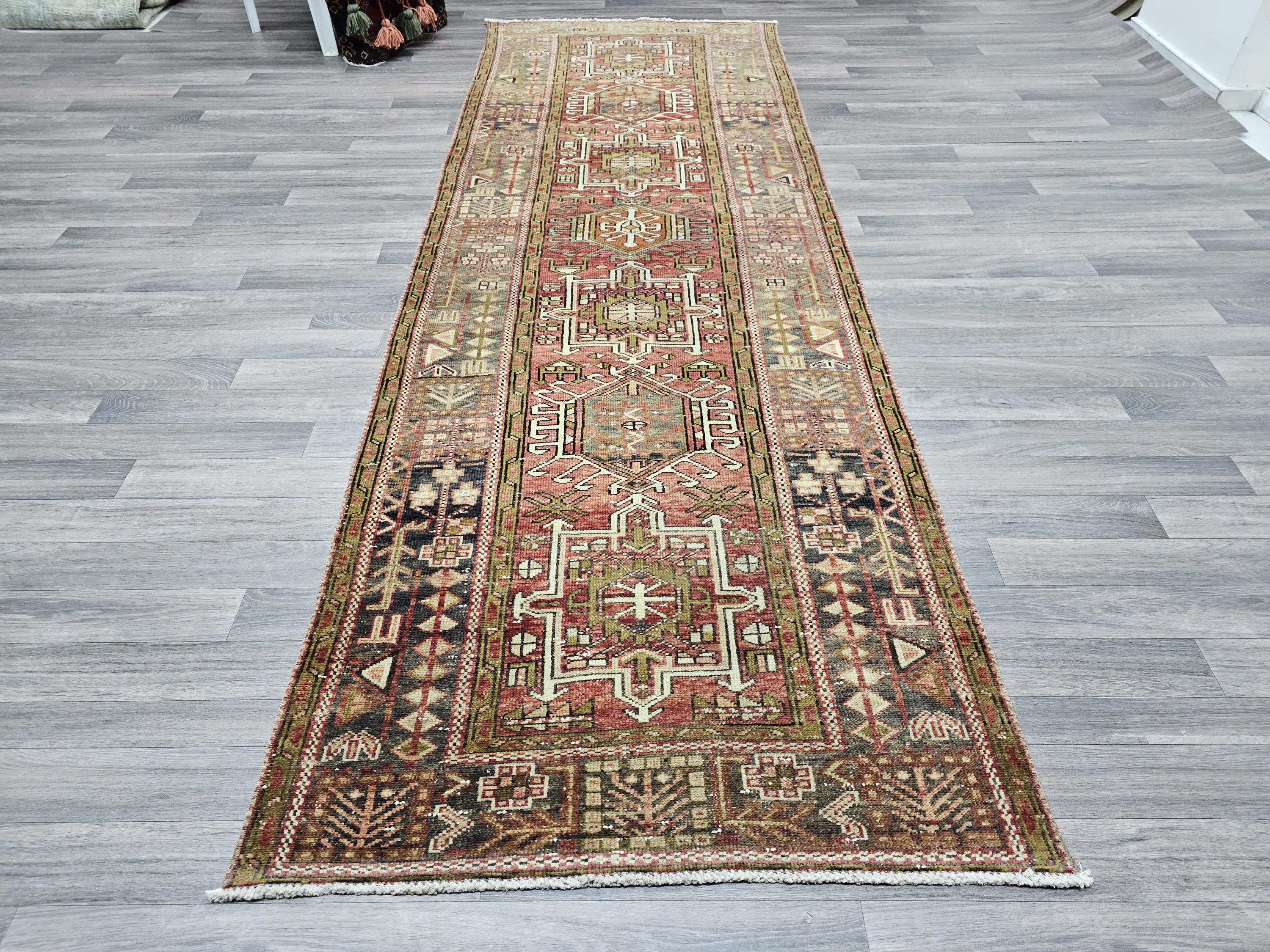 Hand Knotted Wool Heriz Runner Rug: Long Persian Hallway Carpet