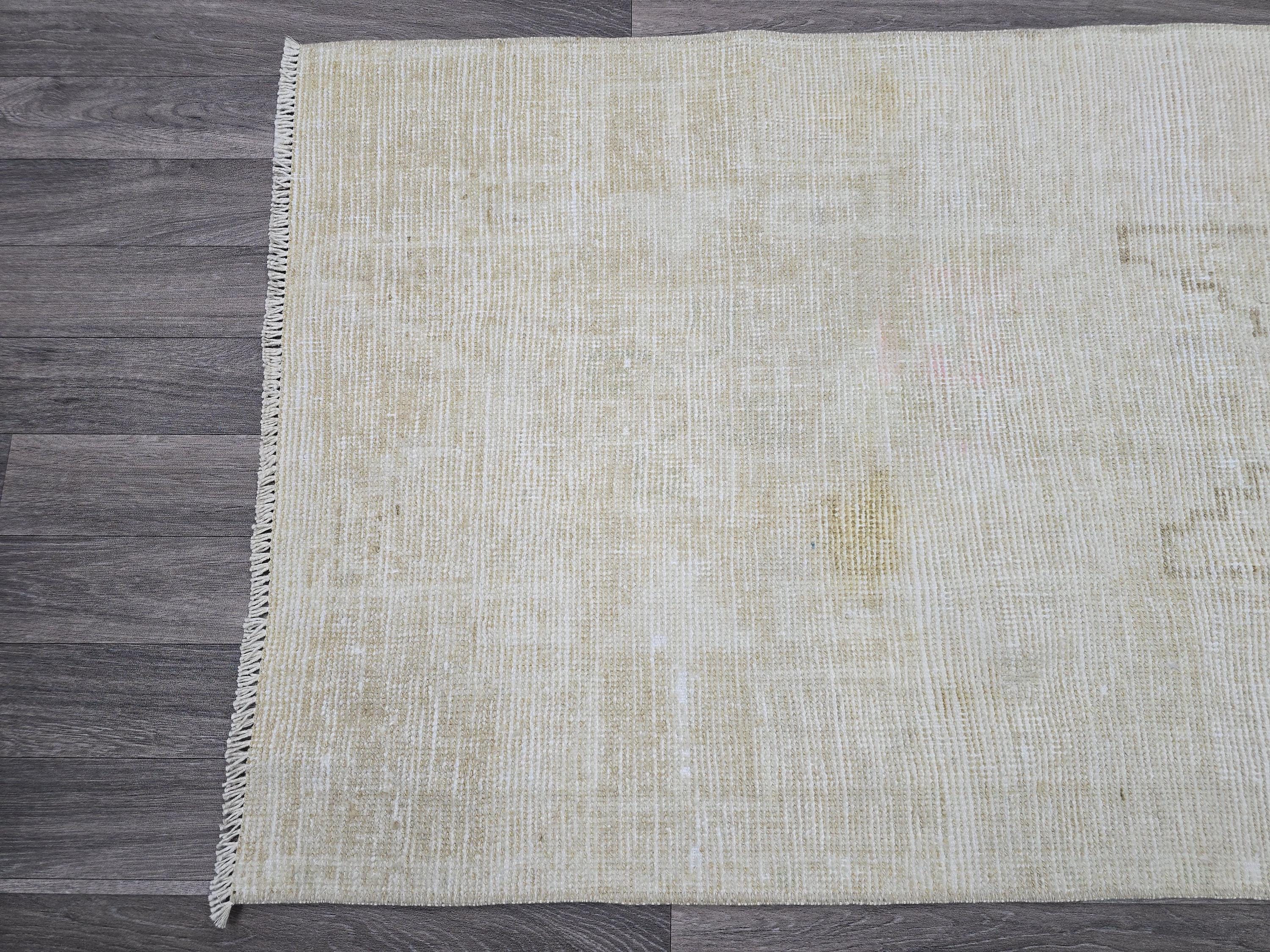 Hand Knotted Wool Turkish Rug: Small Vintage Oushak Carpet (3x5 ft)