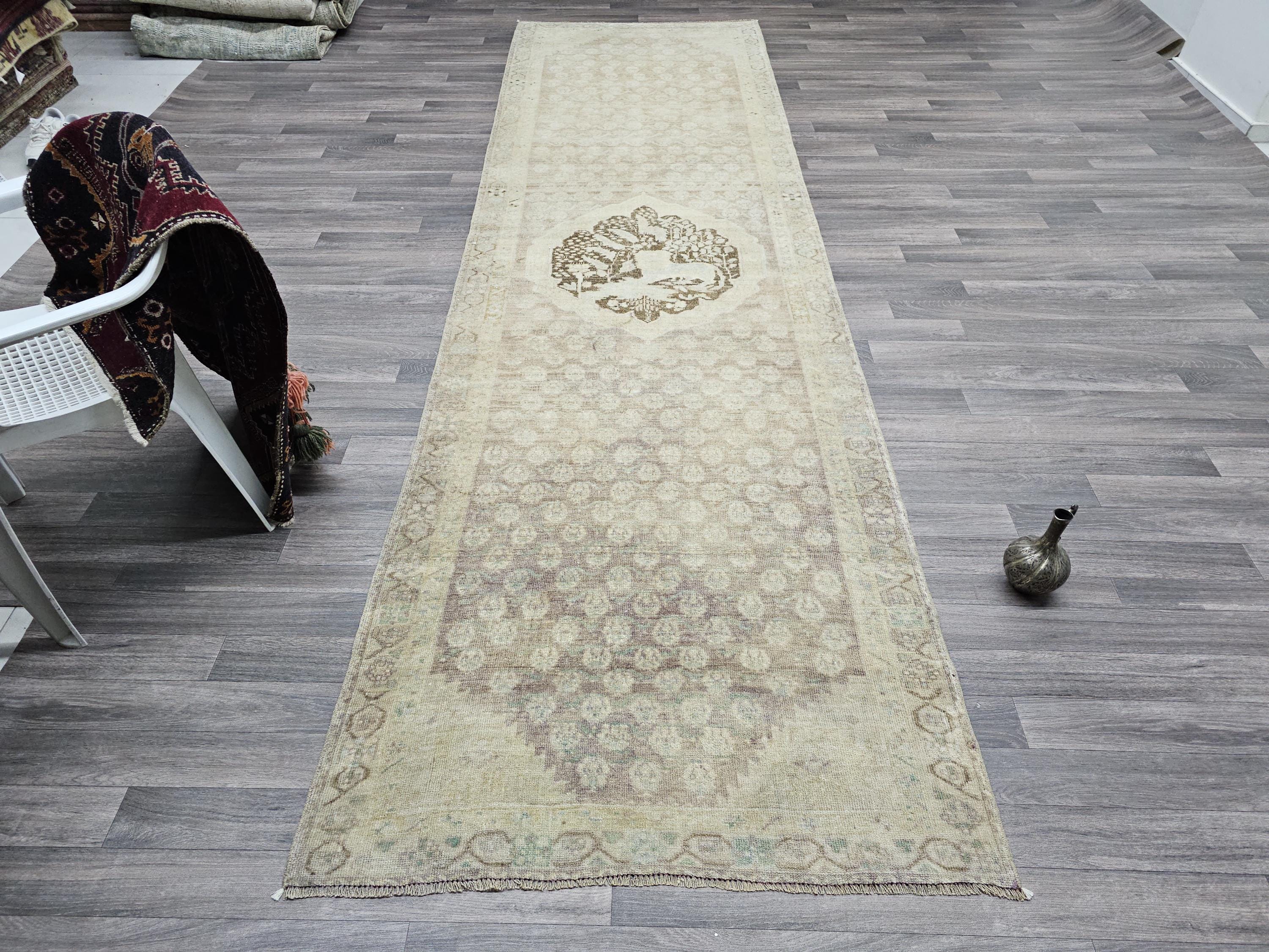 Hand Knotted Wool Oushak Runner: 4x13 Neutral Turkish Vintage Rug