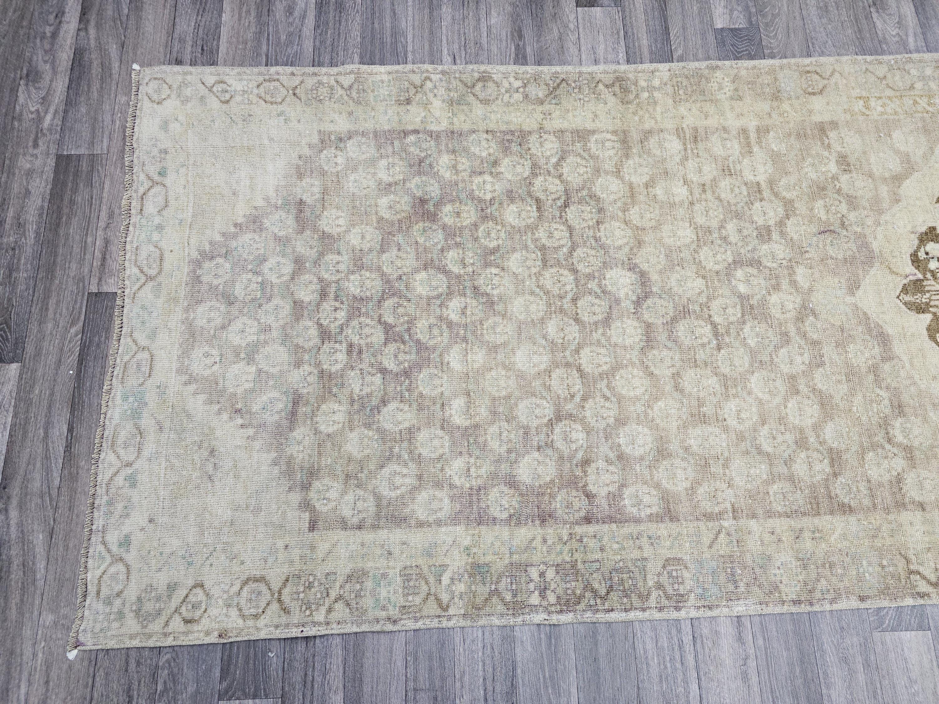 Hand Knotted Wool Oushak Runner: 4x13 Neutral Turkish Vintage Rug
