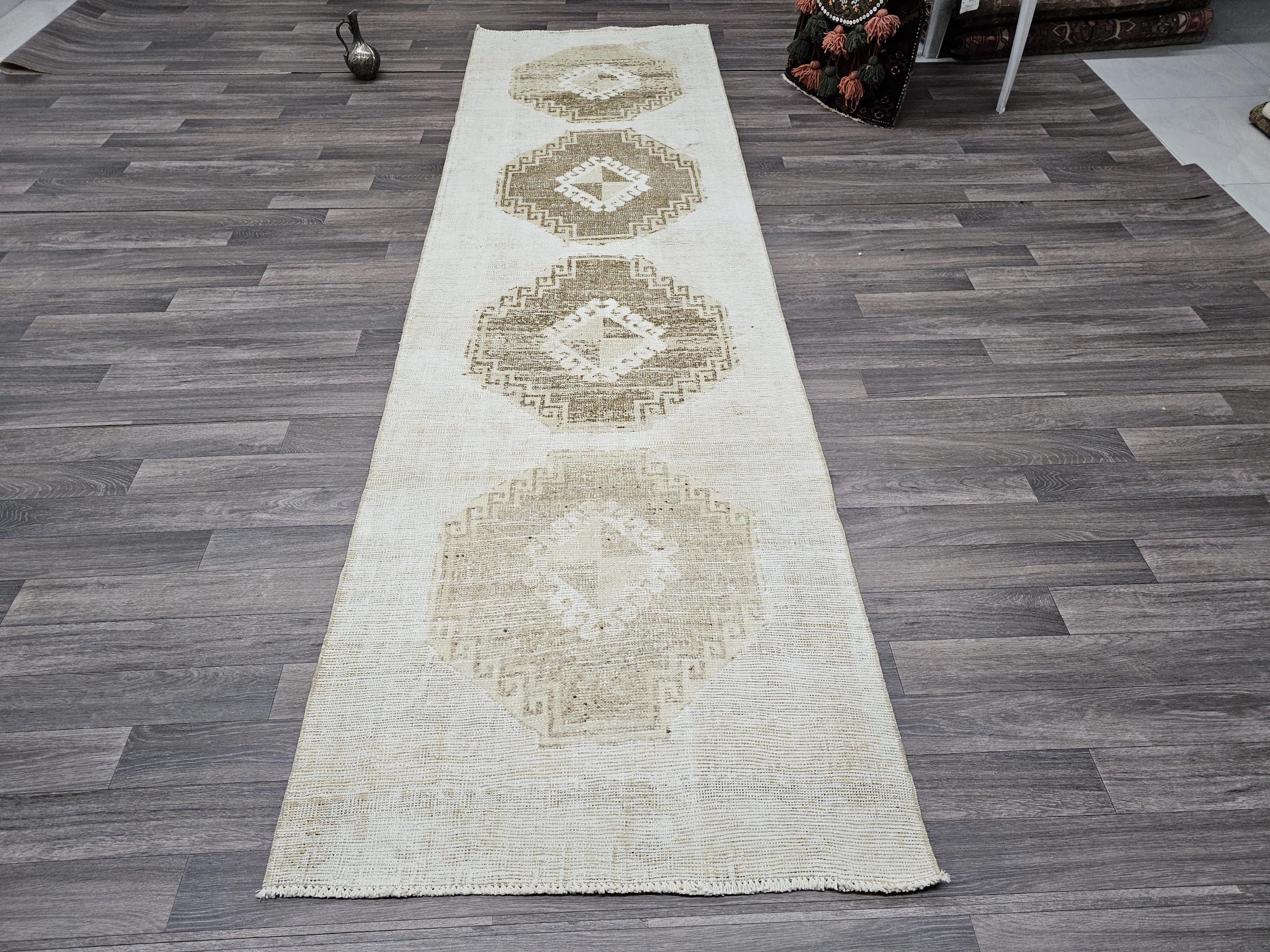 Vintage Hand-Knotted Wool Runner Rug: 3x10.5 ft Beige Brown Oriental
