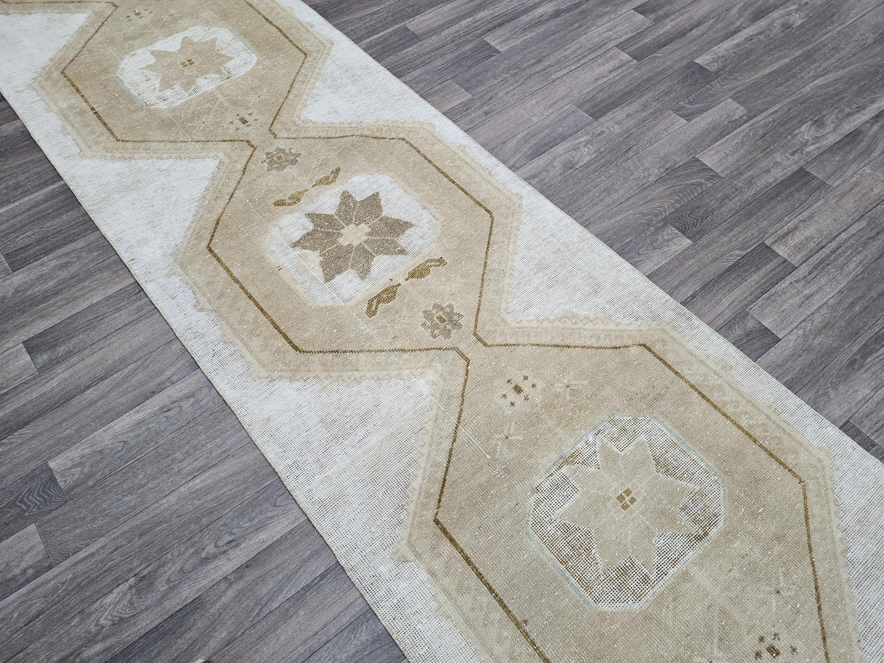 Neutral Turkish Oushak Runner Rug: Beige Cream Hallway Kitchen Rug (3x13)