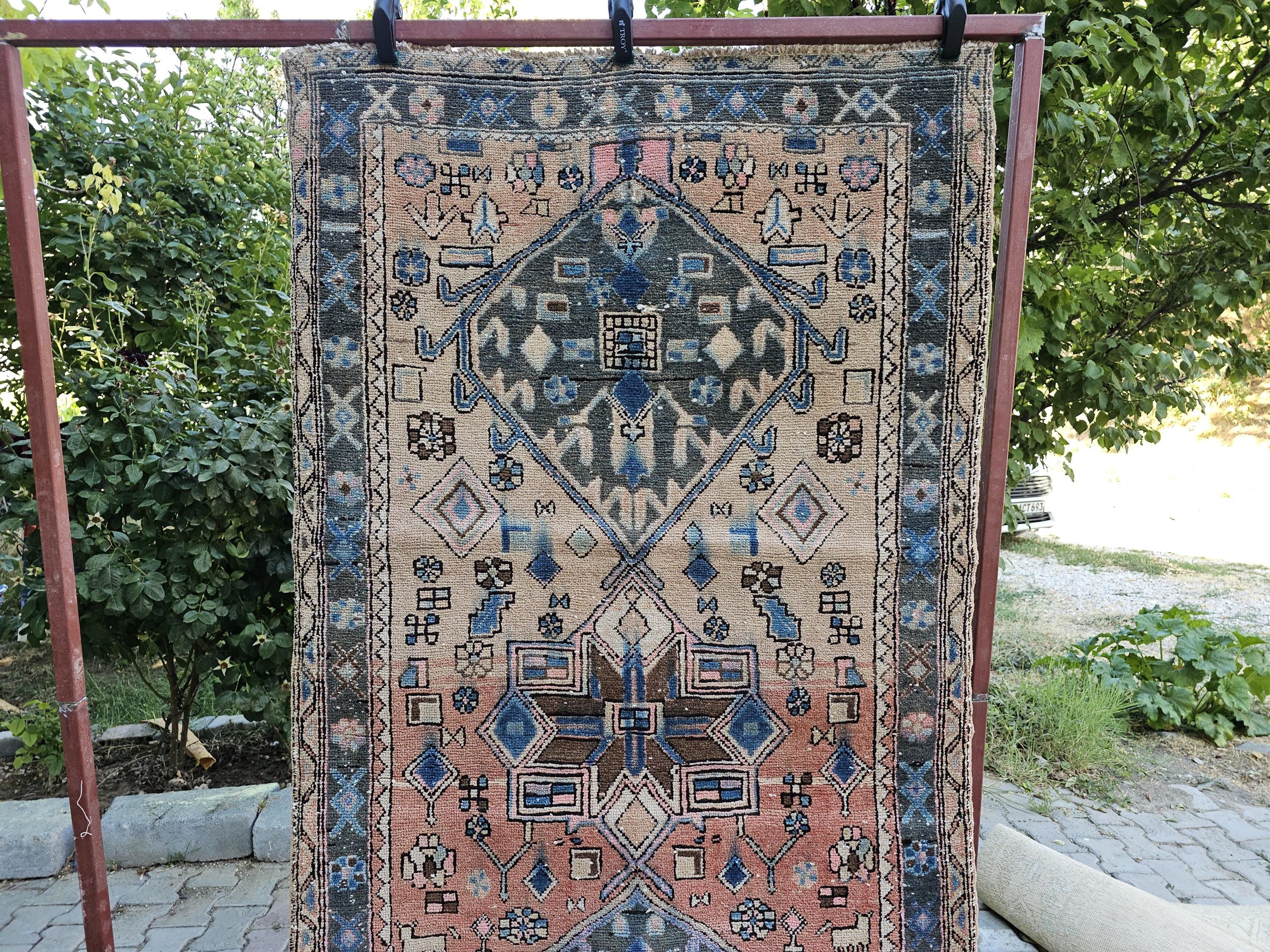 Antique Wool Runner Rug: Hand-Knotted Geometric Design (3.50x10.60 ft)