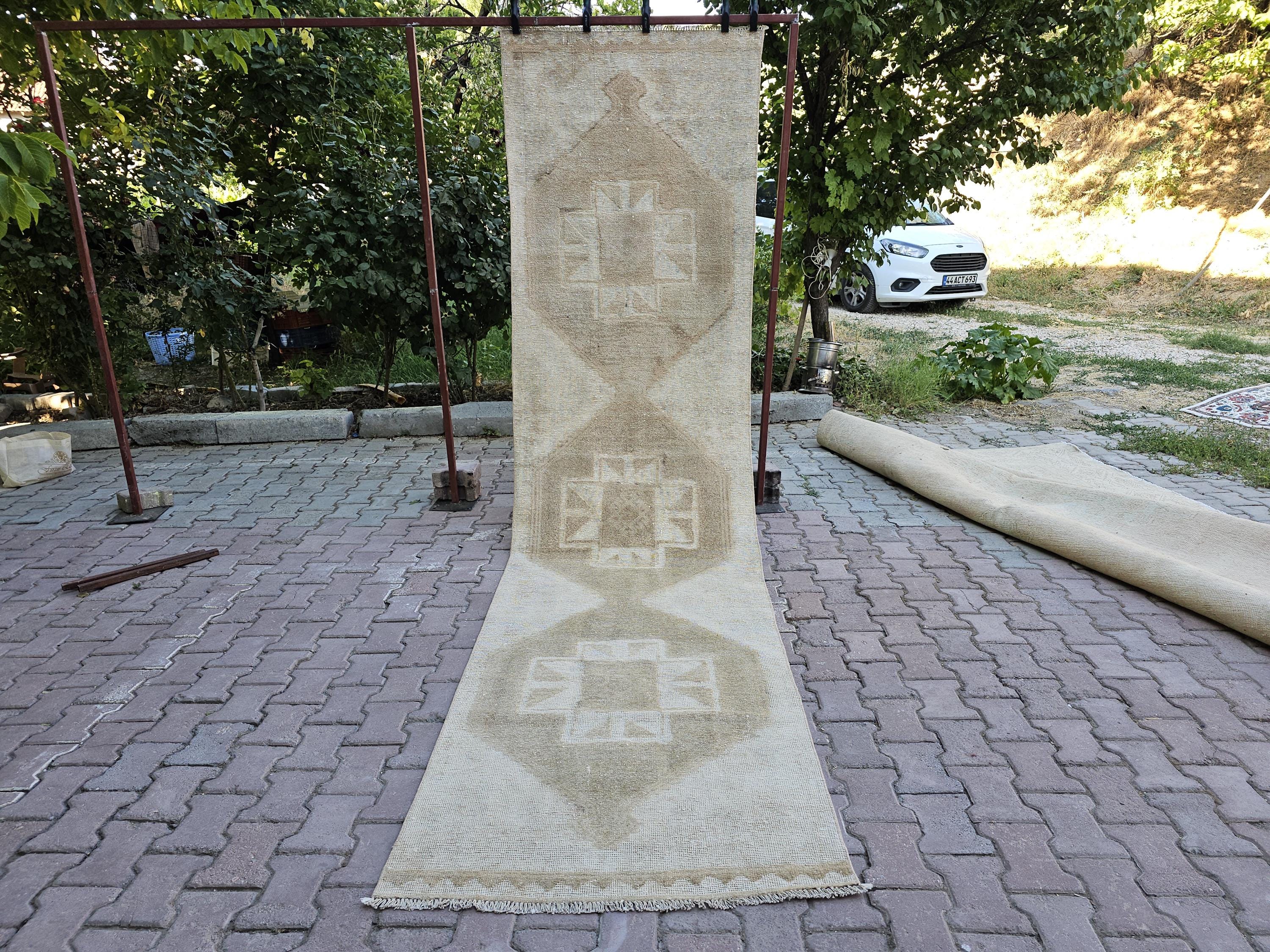 Hand Knotted Wool Oushak Runner: Neutral Turkish Rug, 3.3x12.65 ft