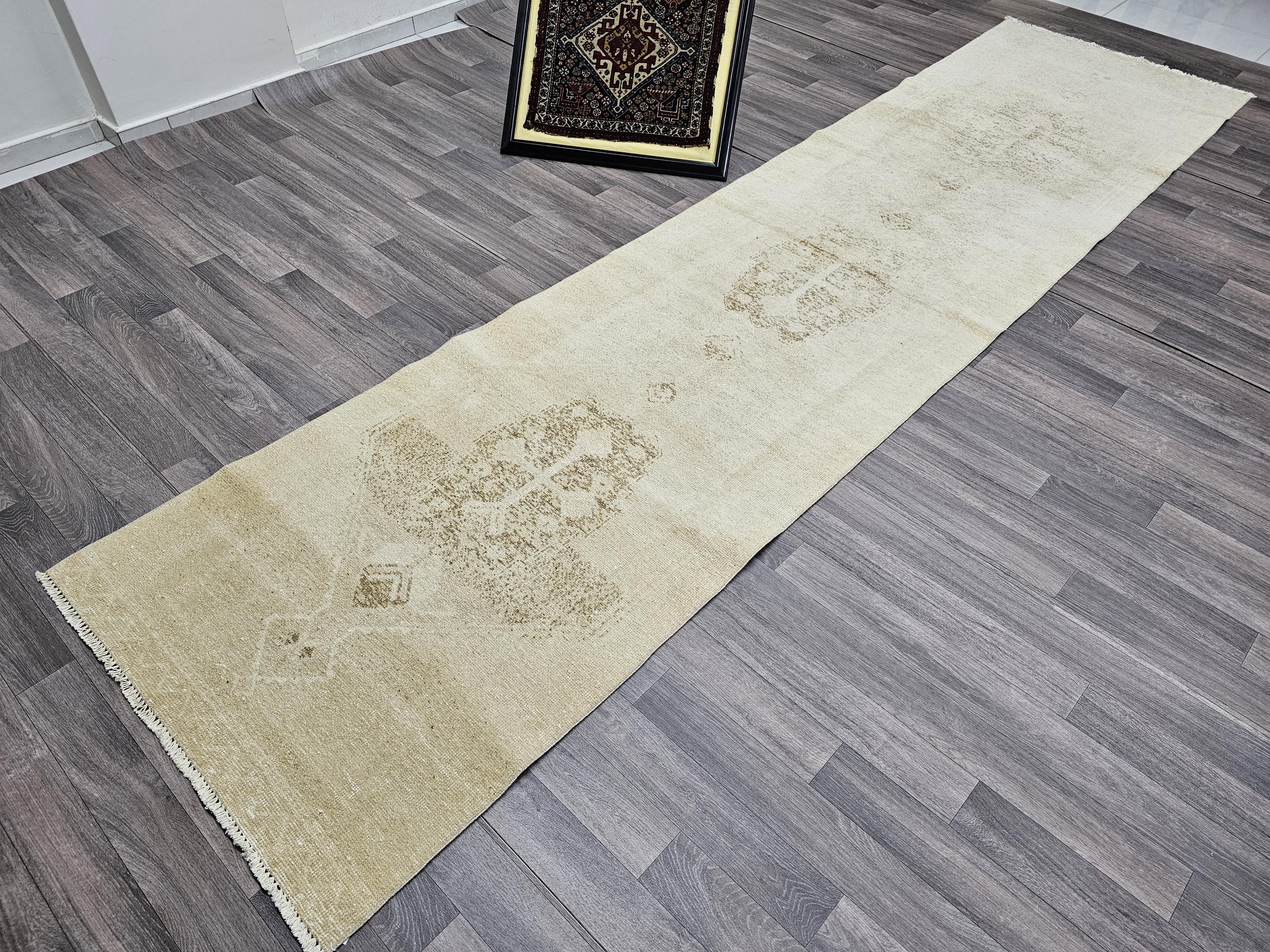 Neutral Turkish Runner Rug: 3x12.5 ft Vintage Oushak Wool Hallway Rug