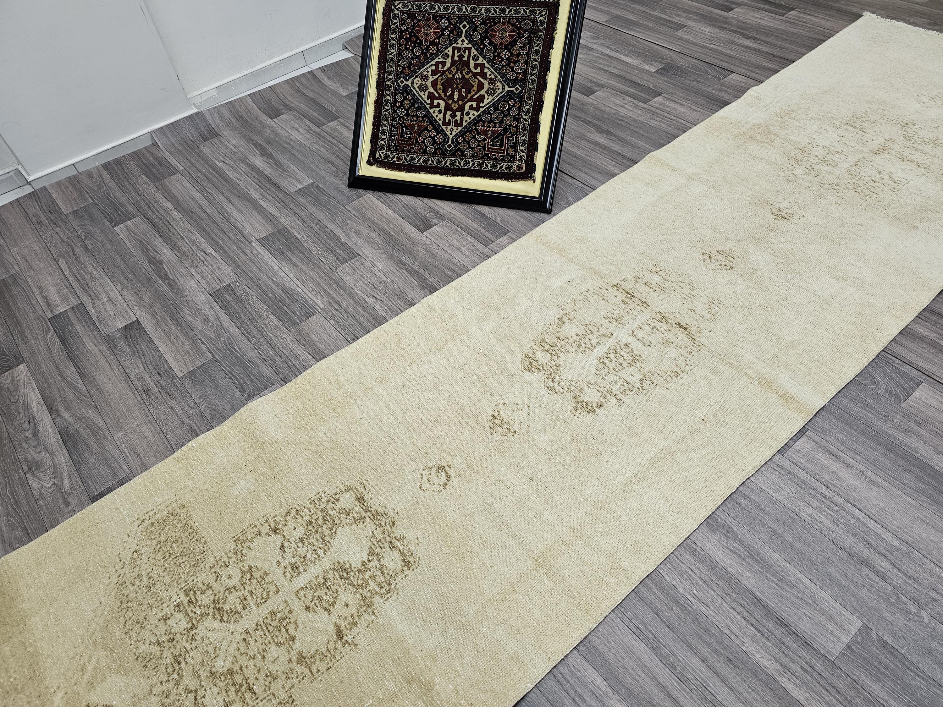 Neutral Turkish Runner Rug: 3x12.5 ft Vintage Oushak Wool Hallway Rug