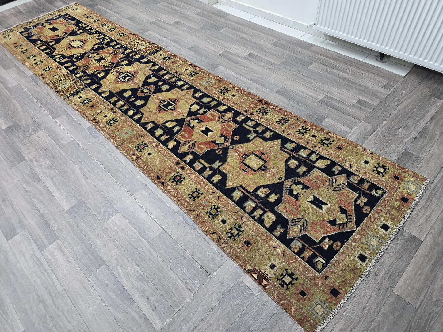 Vintage Turkish Runner Rug: Heriz Pastel Hallway Carpet (3x13 feet)
