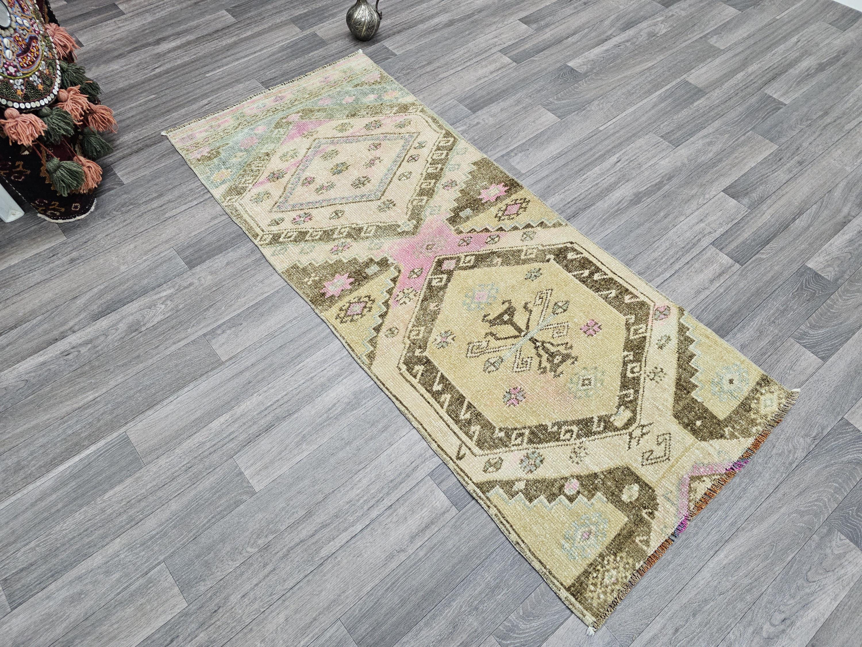 Hand Knotted Turkish Wool Runner Rug: Muted Neutral Colors, 2x6 ft