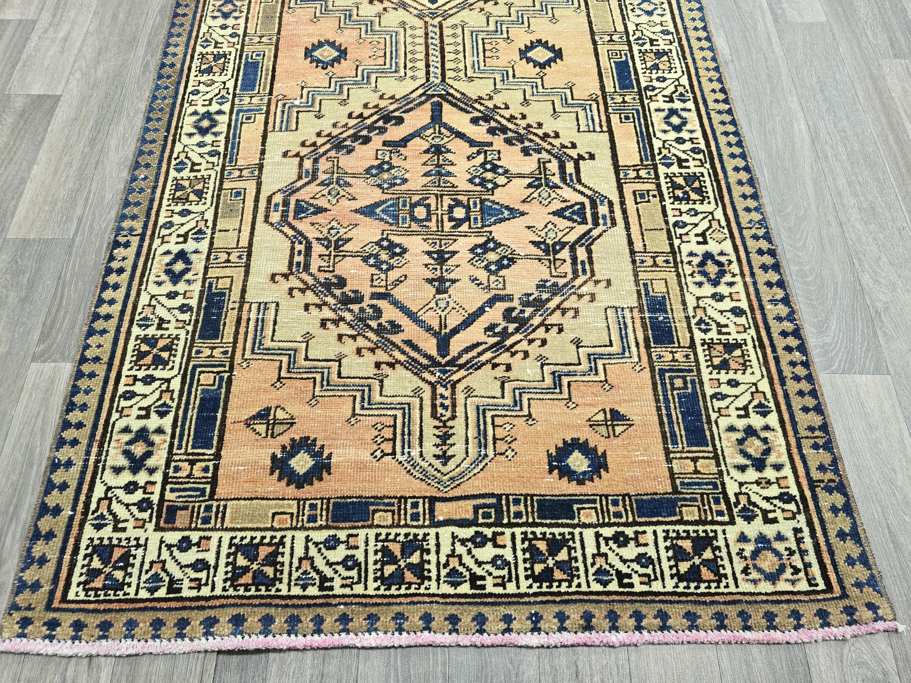 Vintage Heriz Wool Runner: Hand-Knotted Pastel Oushak Rug (3.40x13.30 ft)