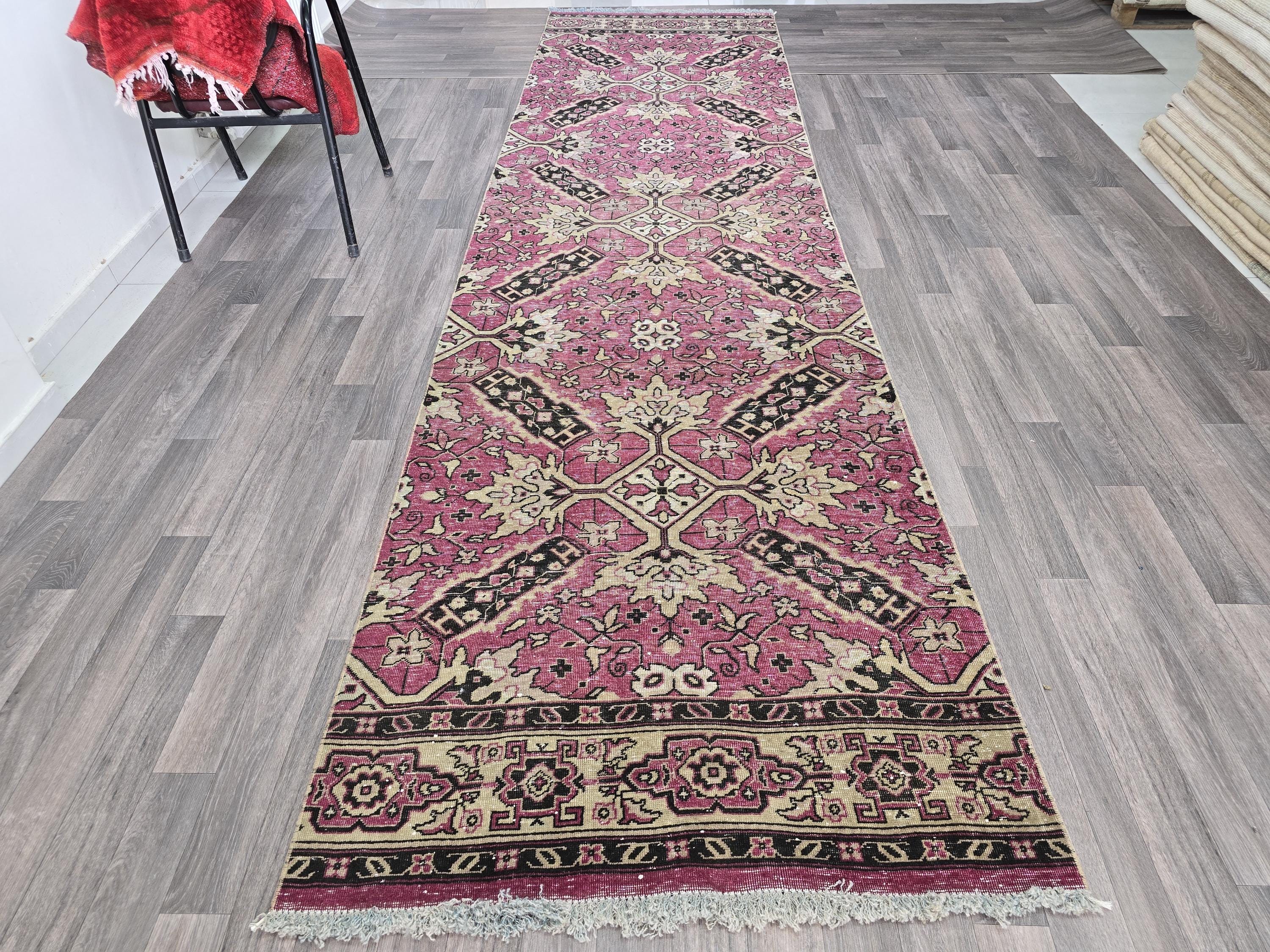 Hand-Knotted Wool Runner Rug: Vintage Floral Bohemian Decor (3.60x13.65 Feet)