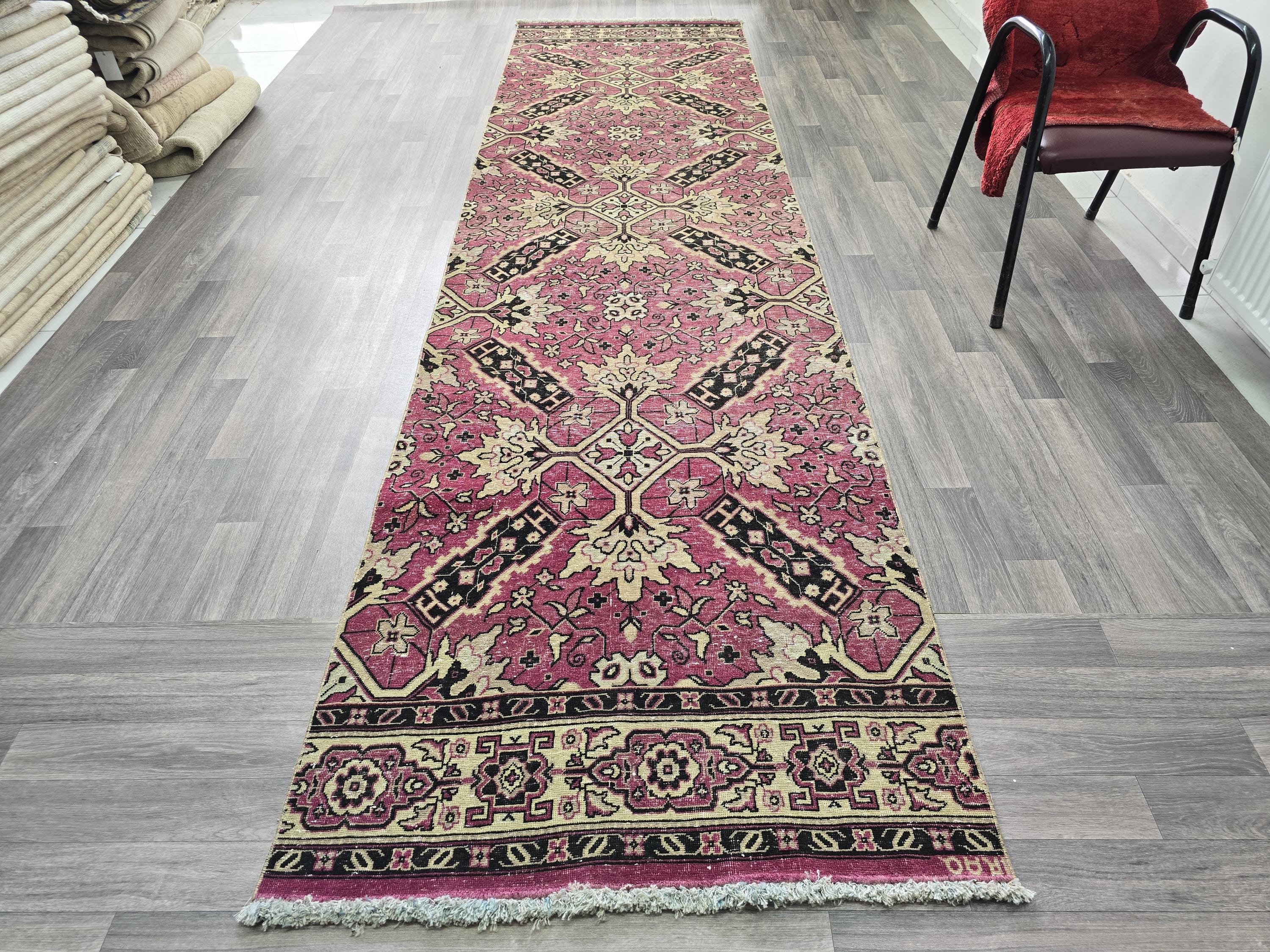 Hand-Knotted Wool Runner Rug: Vintage Floral Bohemian Home Decor (3.60x13.65 Feet)