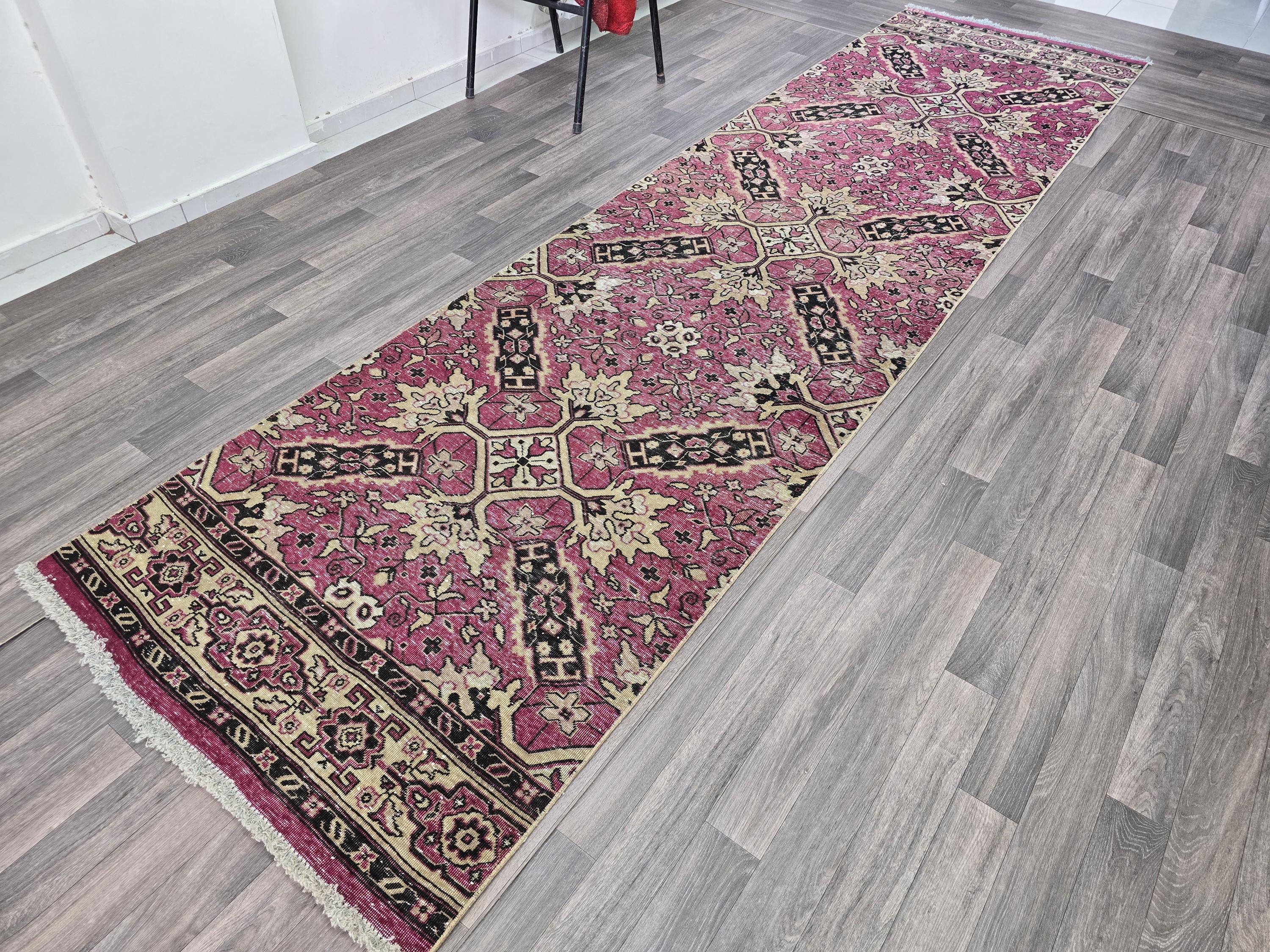 Hand-Knotted Wool Runner Rug: Vintage Floral Bohemian Home Decor (3.60x13.65 Feet)