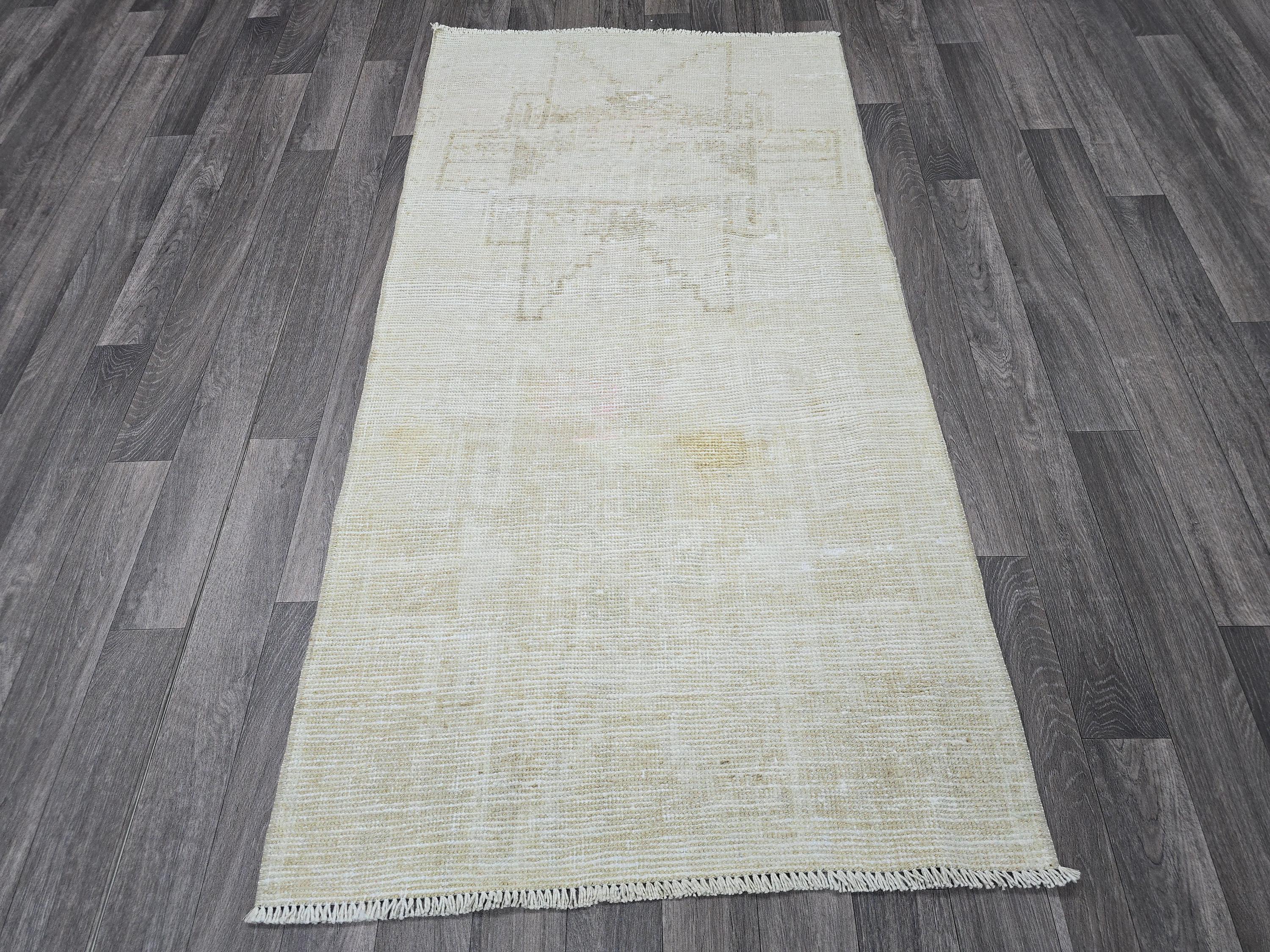 Hand Knotted Wool Turkish Rug: Small Vintage Oushak Carpet (3x5 ft)