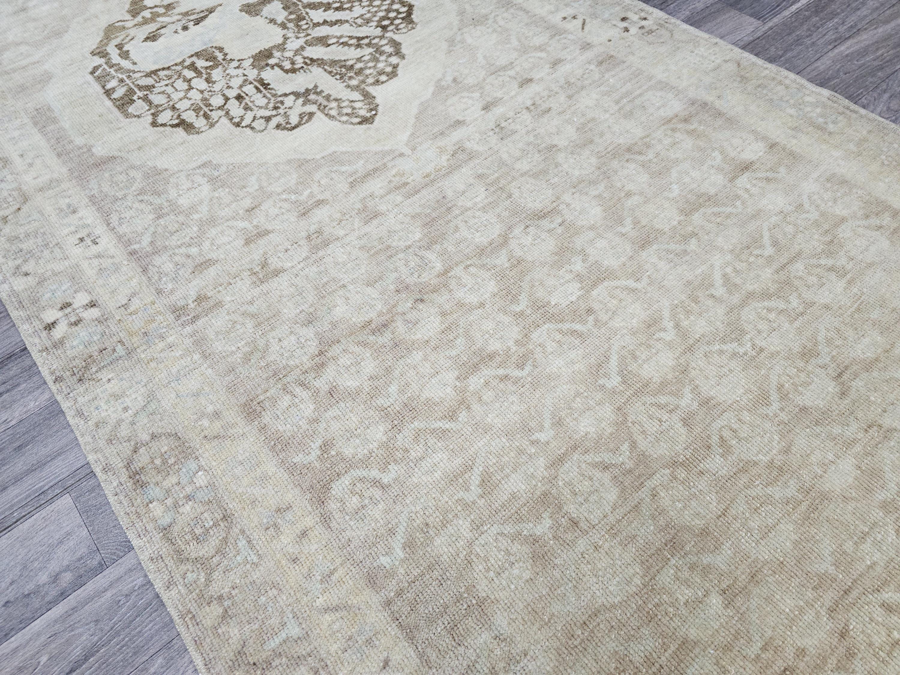 Neutral Oushak Runner Rug: Wide Long Turkish Vintage Wool Runner (3.60 X 12.75 feet)