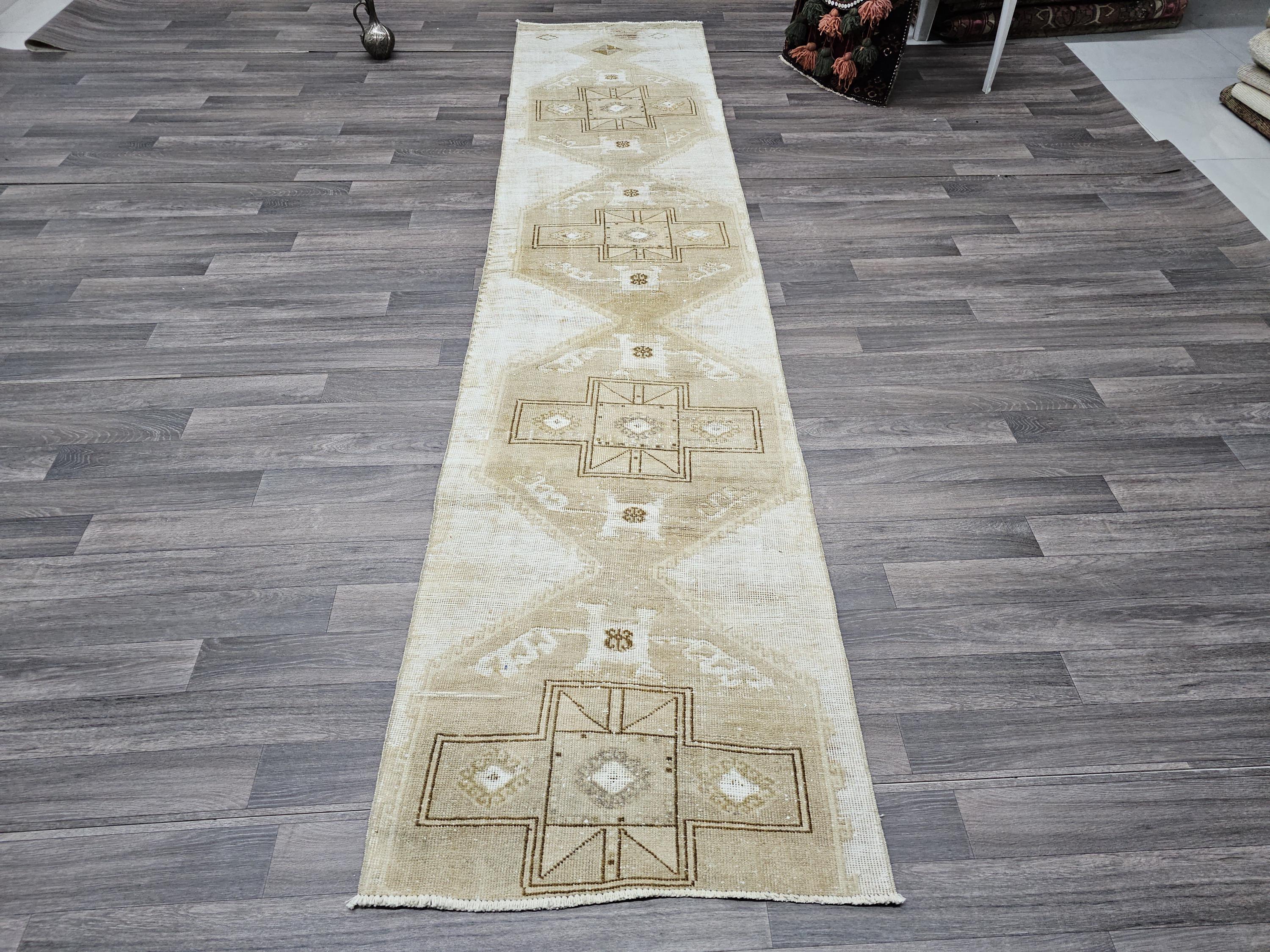 Vintage Oushak Runner: Hand-Knotted Wool & Cotton, Neutral Rug (2.40x10.70 ft)
