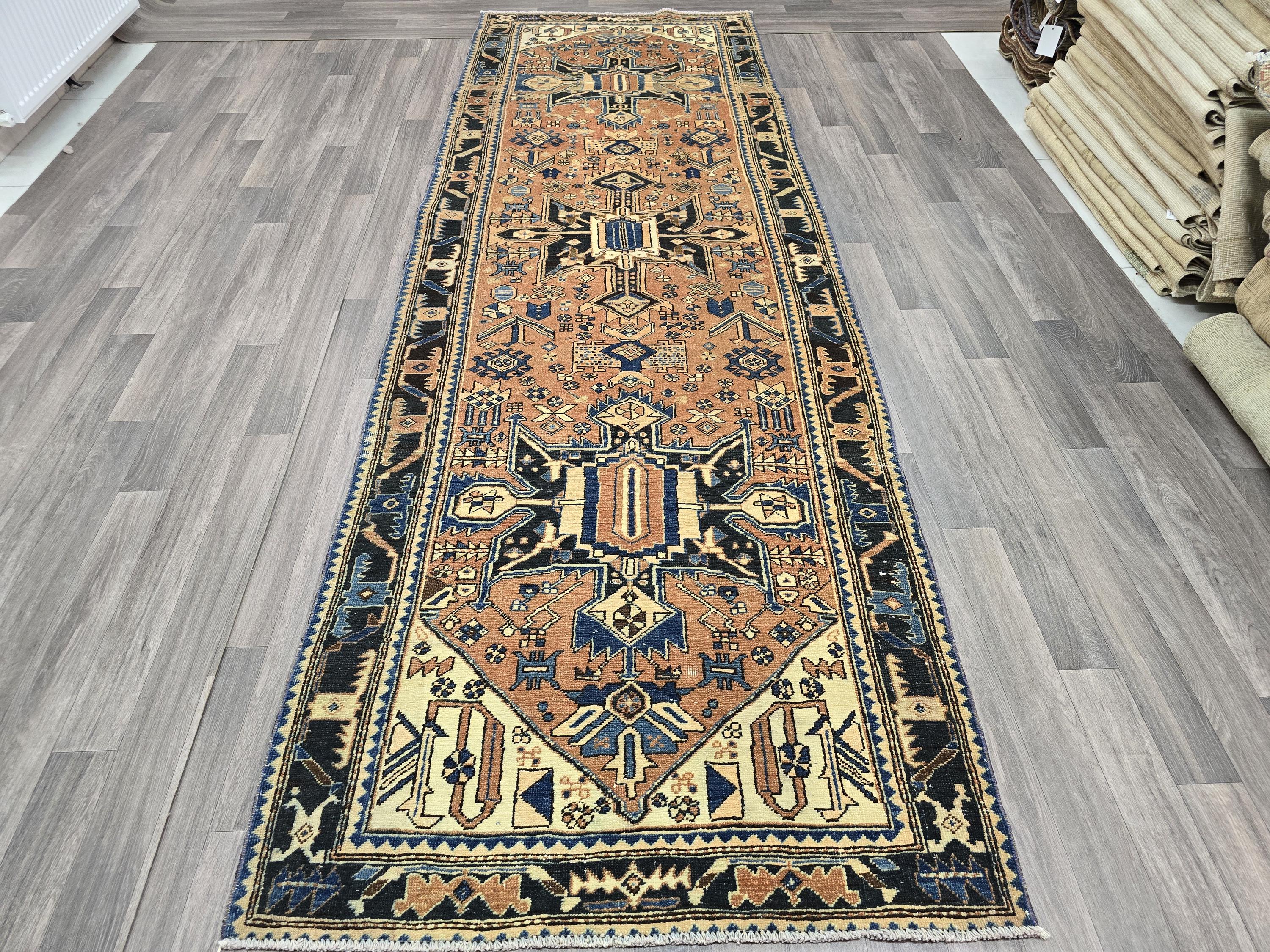 Hand-Knotted Wool Heriz Runner: Muted Pastel Geometric Design (3.55x11 ft)