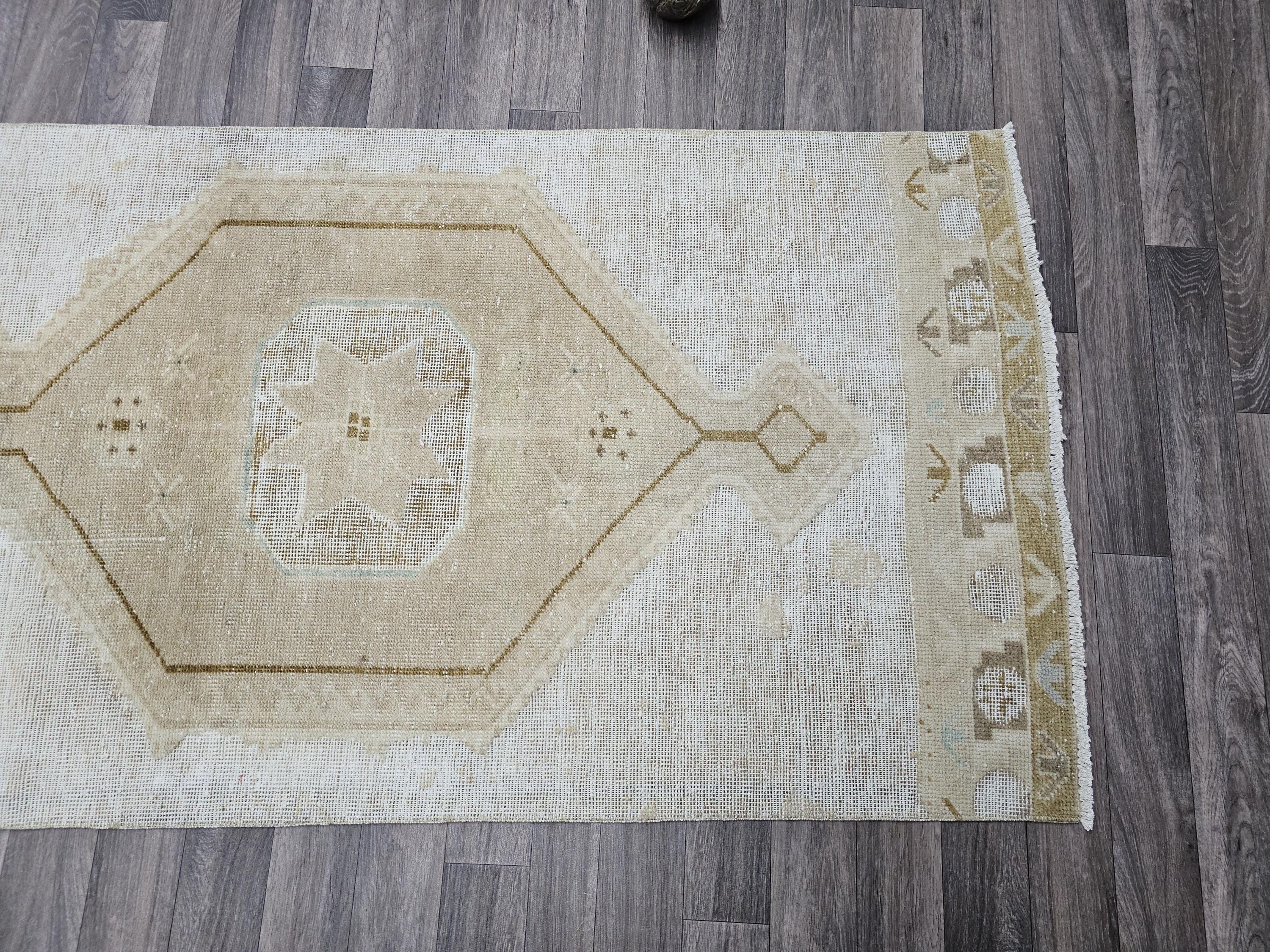 Neutral Turkish Oushak Runner Rug: Beige Cream Hallway Kitchen Rug (3x13)