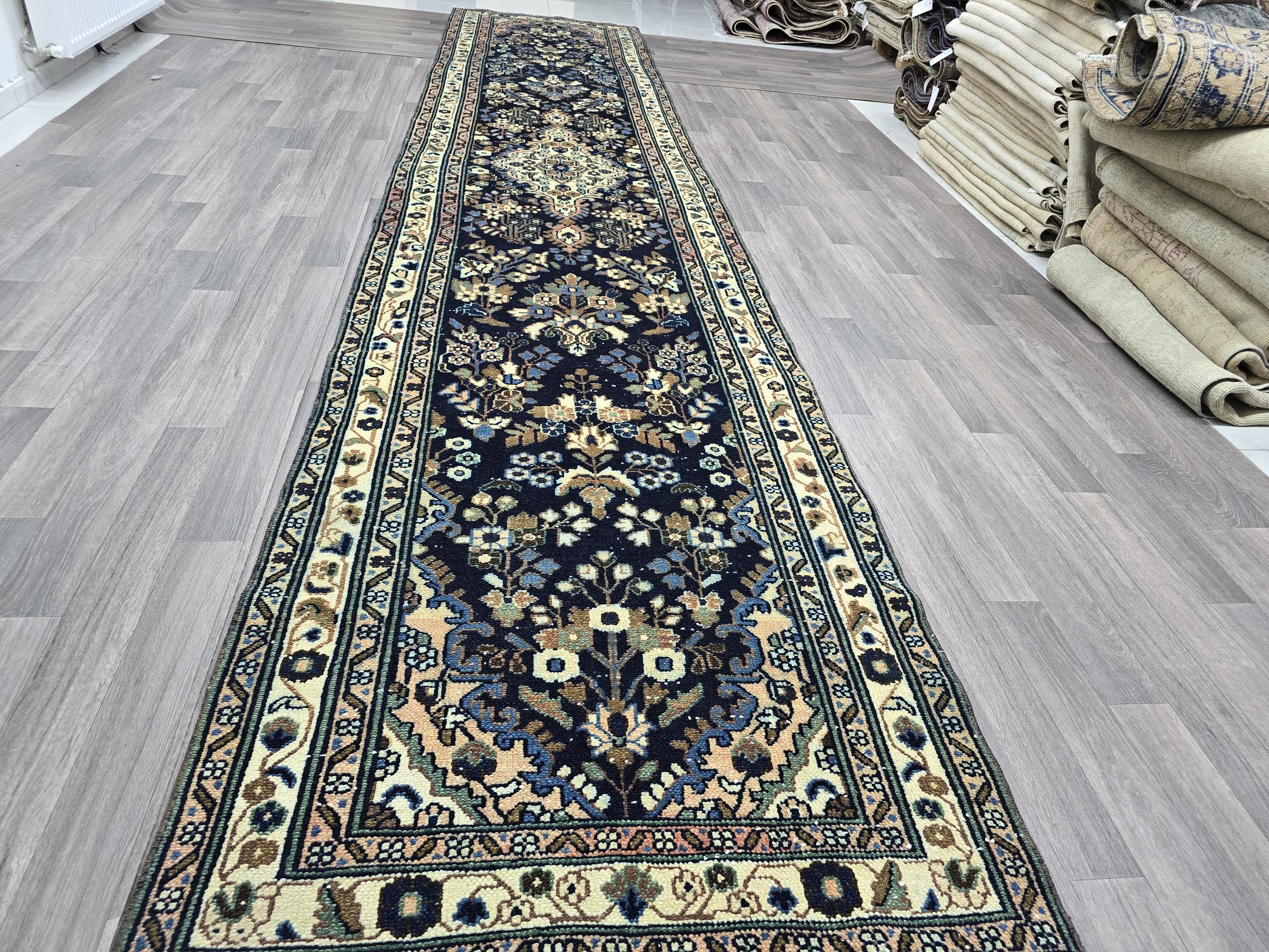 Hand Knotted Wool Runner Rug: 3x16 ft Vintage Turkish Oriental Design