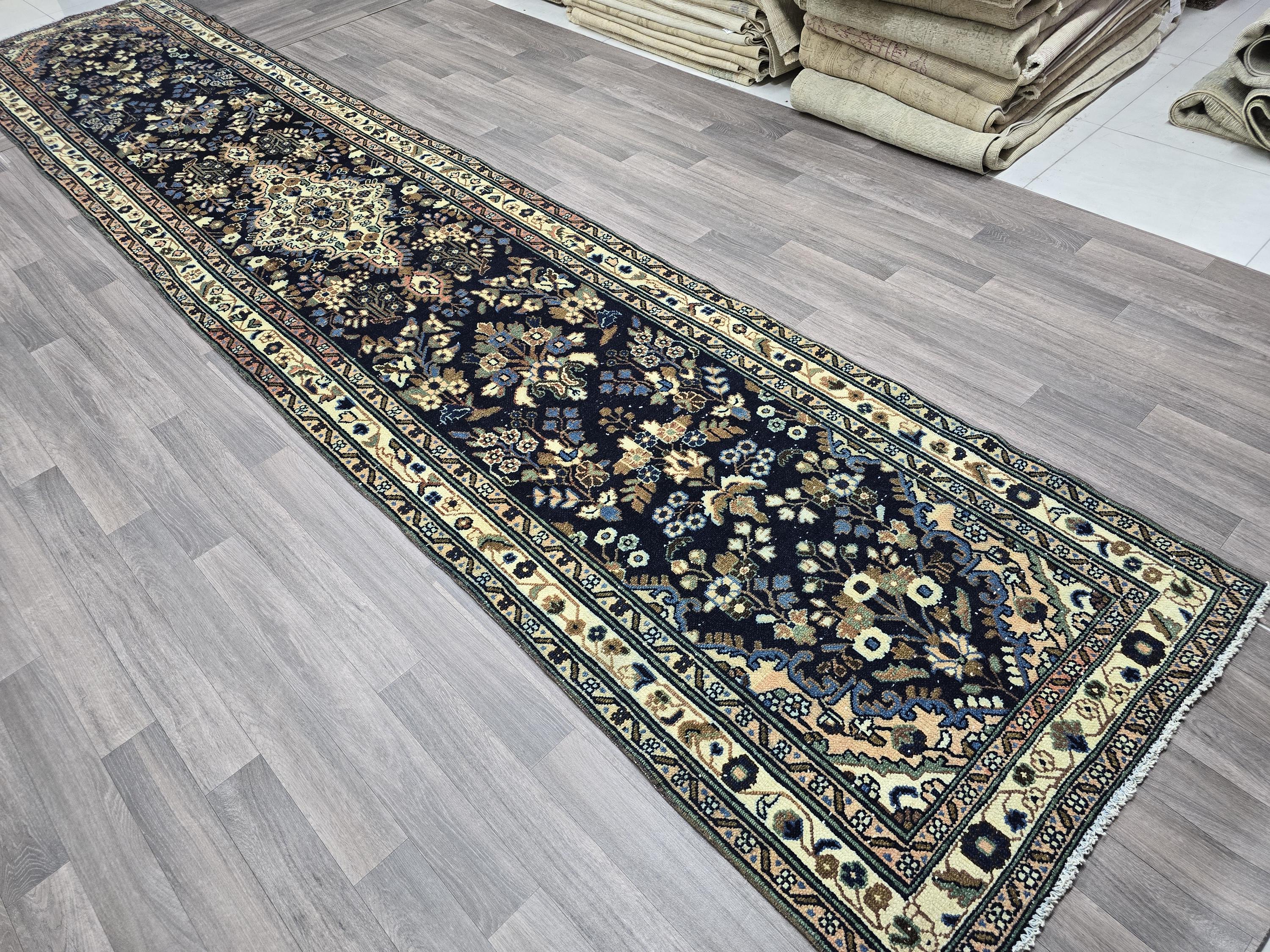 Hand Knotted Wool Runner Rug: 3x16 ft Vintage Turkish Oriental Design