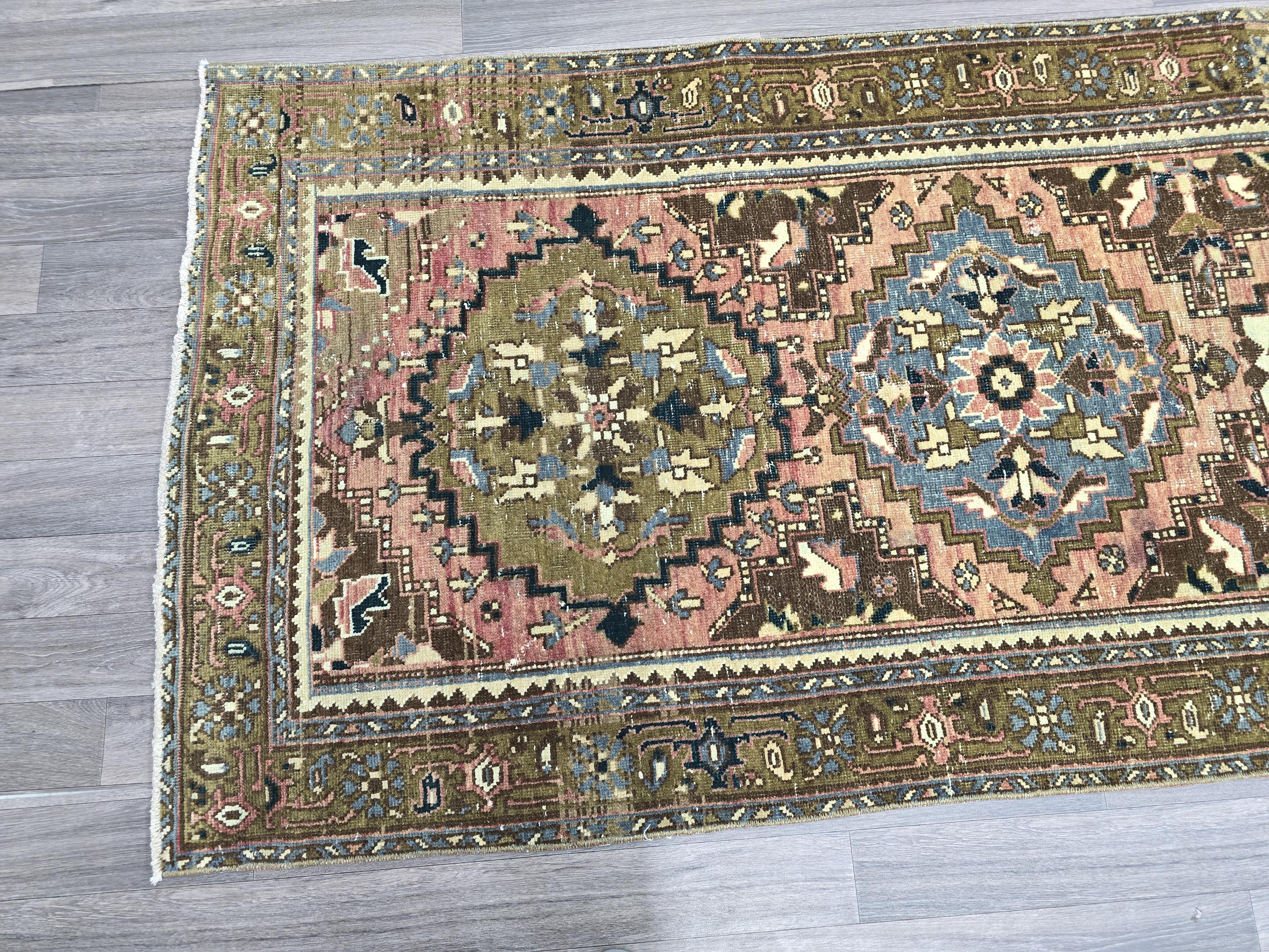 Hand Knotted Wool Heriz Runner: Vintage Persian Rug (3.40x10.70 ft)