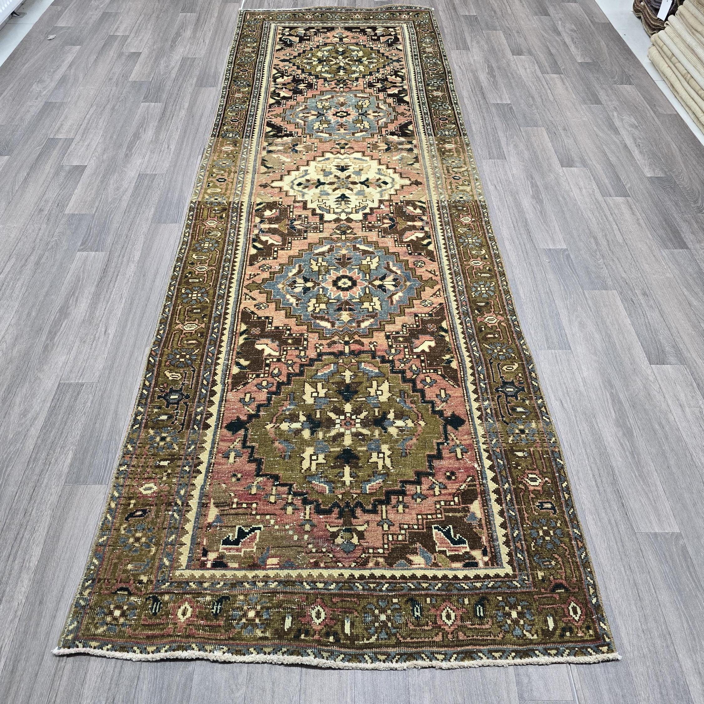 Hand Knotted Wool Heriz Runner: Vintage Persian Rug (3.40x10.70 ft)
