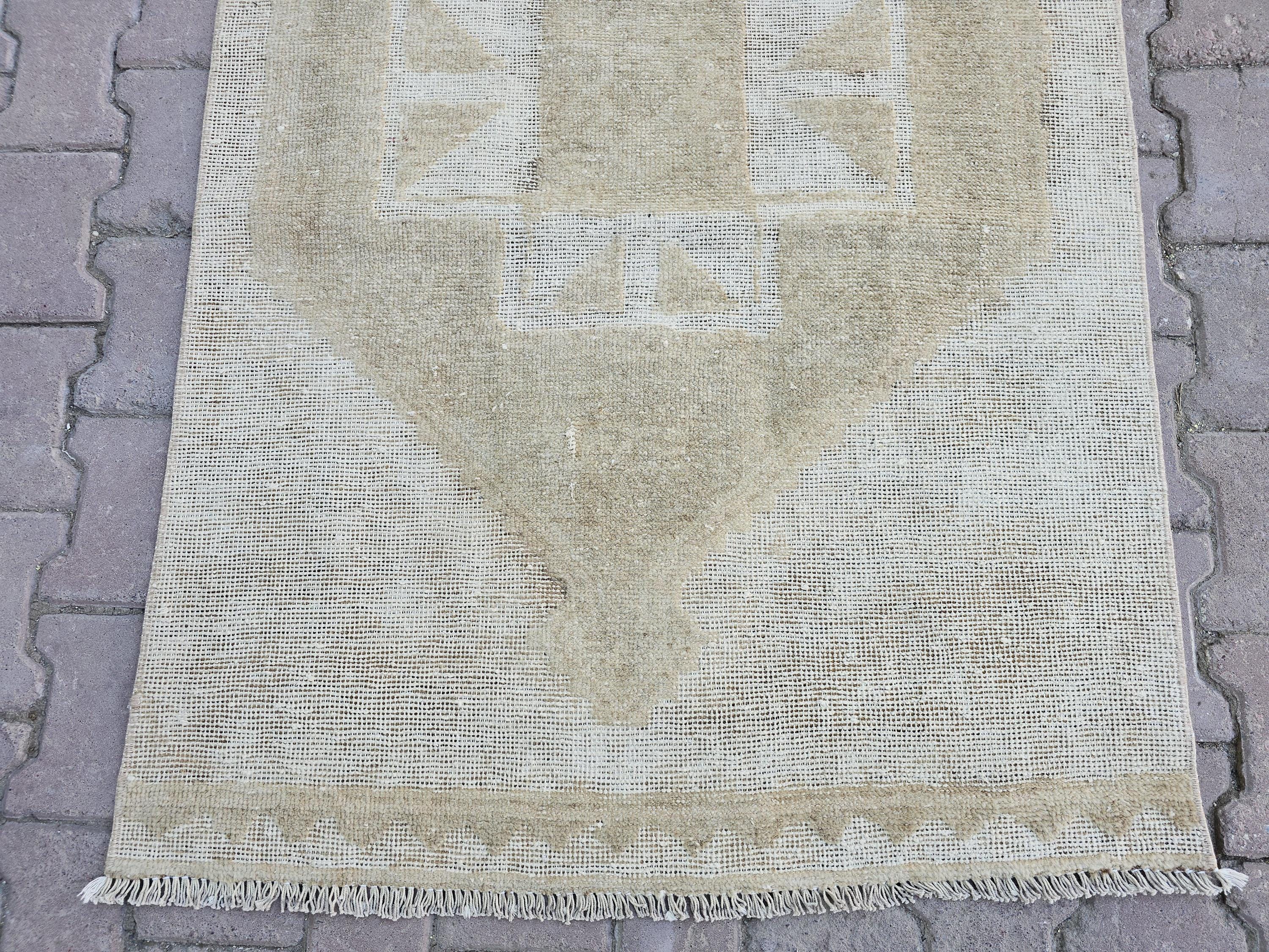 Hand Knotted Wool Oushak Runner: Neutral Turkish Rug, 3.3x12.65 ft
