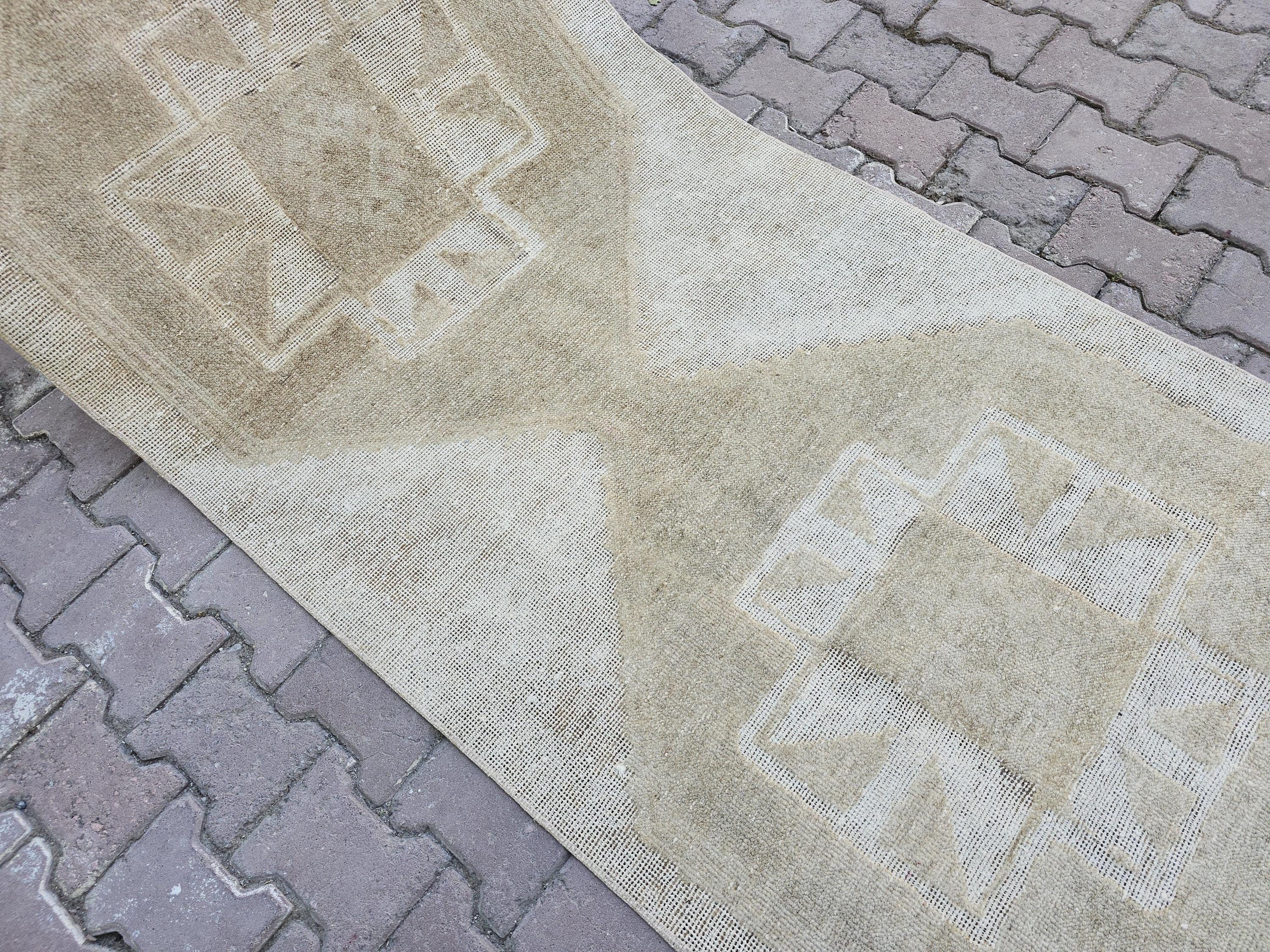 Hand Knotted Wool Oushak Runner: Neutral Turkish Rug, 3.3x12.65 ft