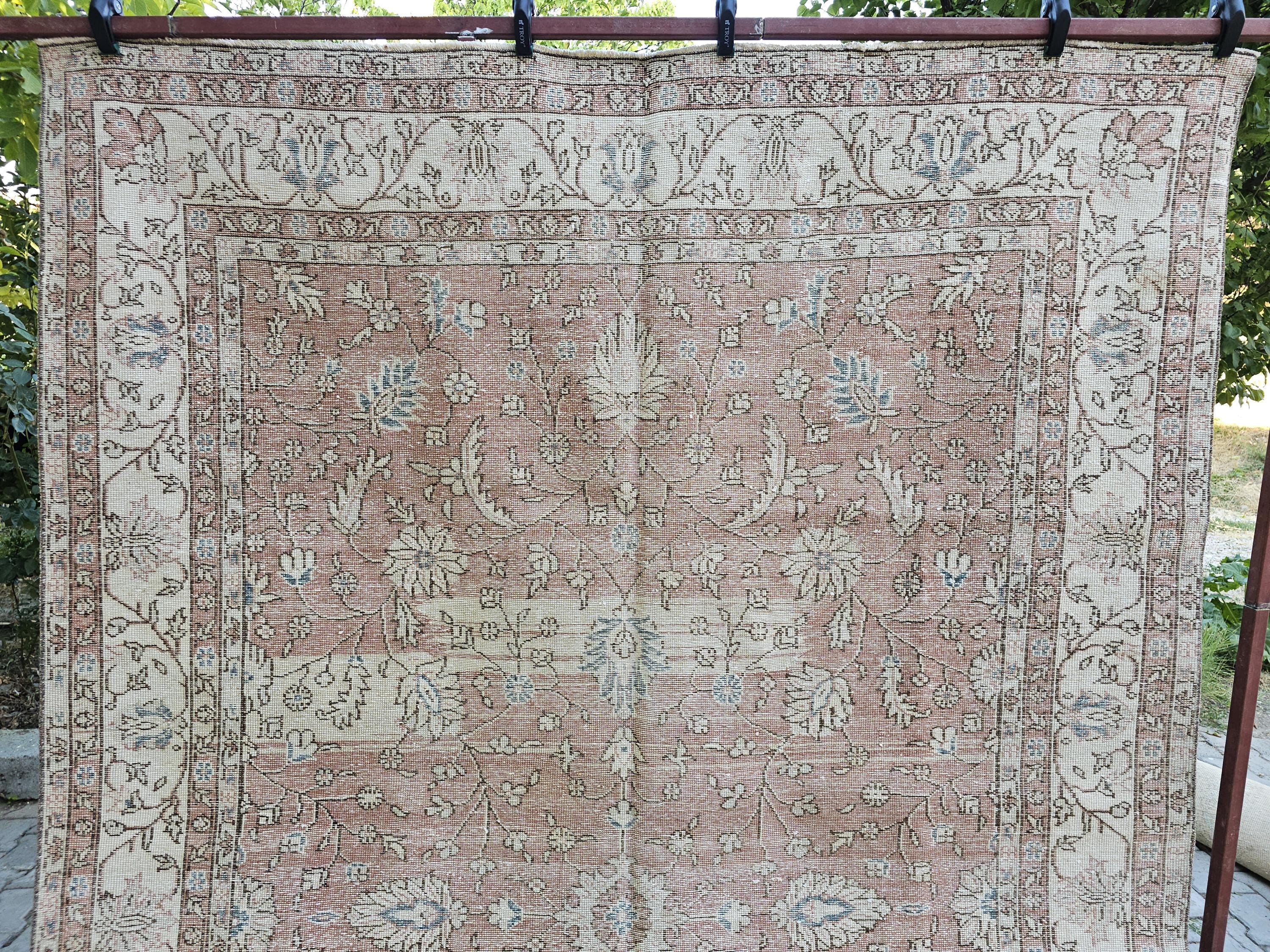 7x10 Hand-Knotted Turkish Oushak Rug: Faded Oriental Area Carpet