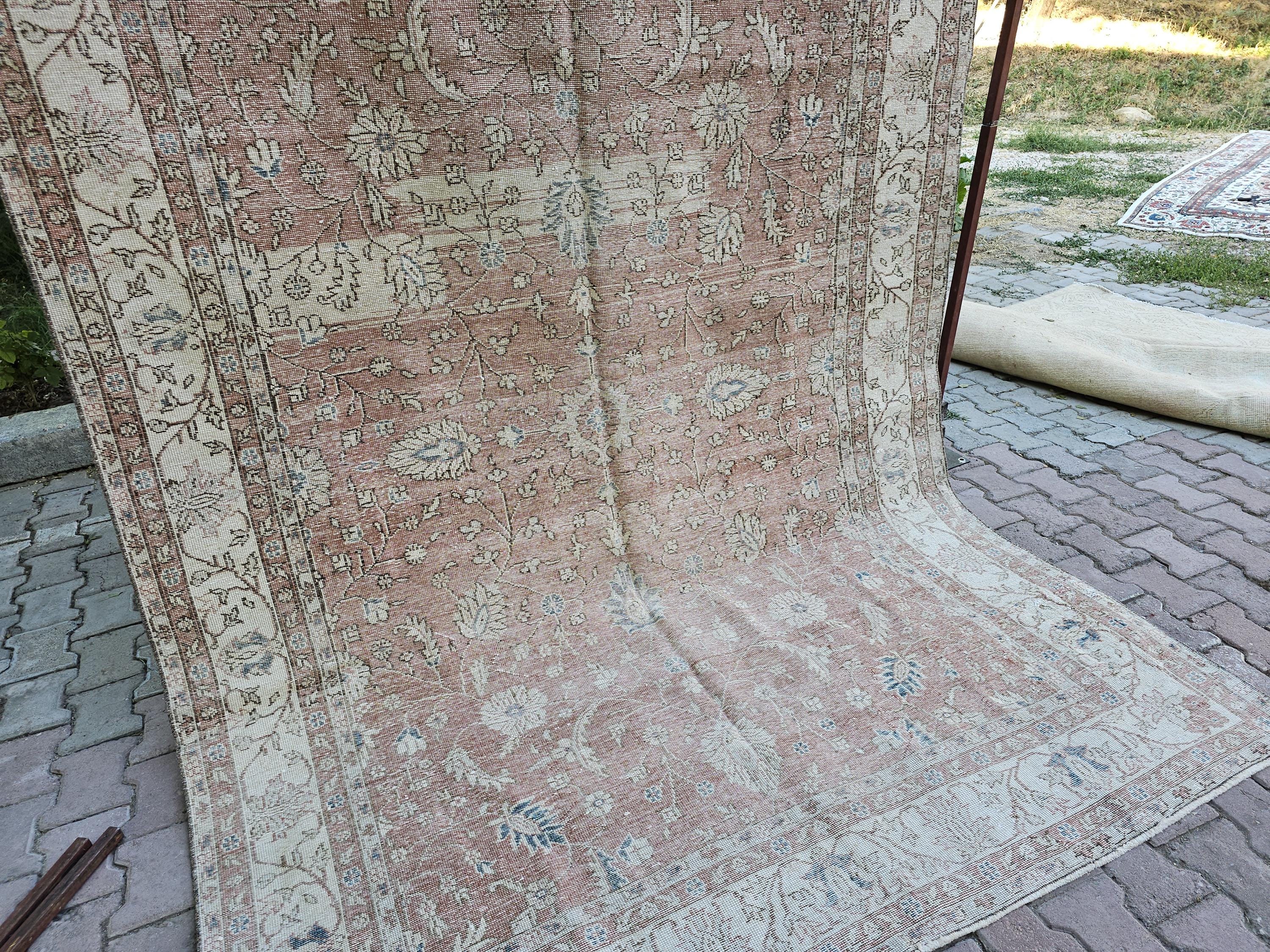 7x10 Hand-Knotted Turkish Oushak Rug: Faded Oriental Area Carpet