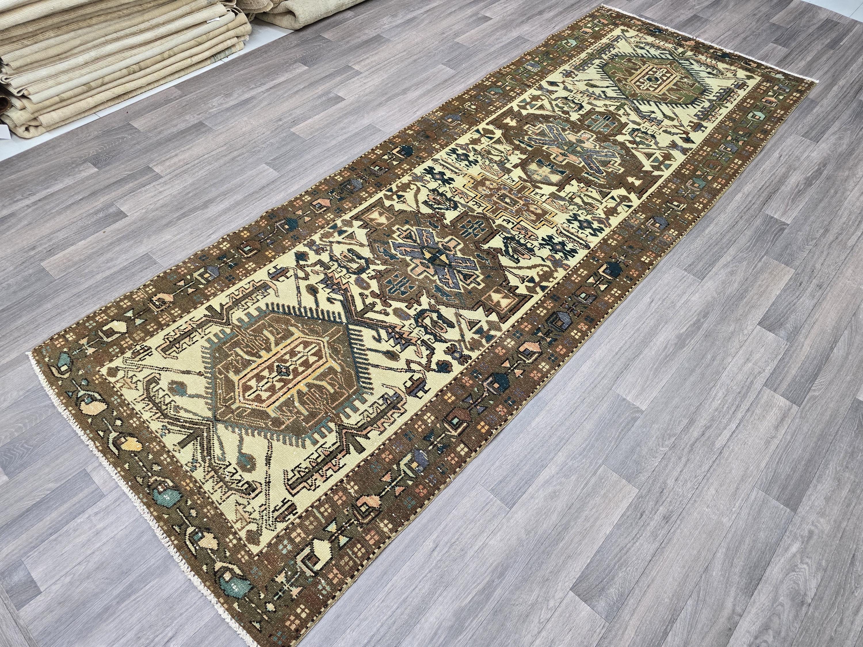 Handmade Wool Oushak Runner Rug: Vintage Turkish Hallway Carpet (4x10)