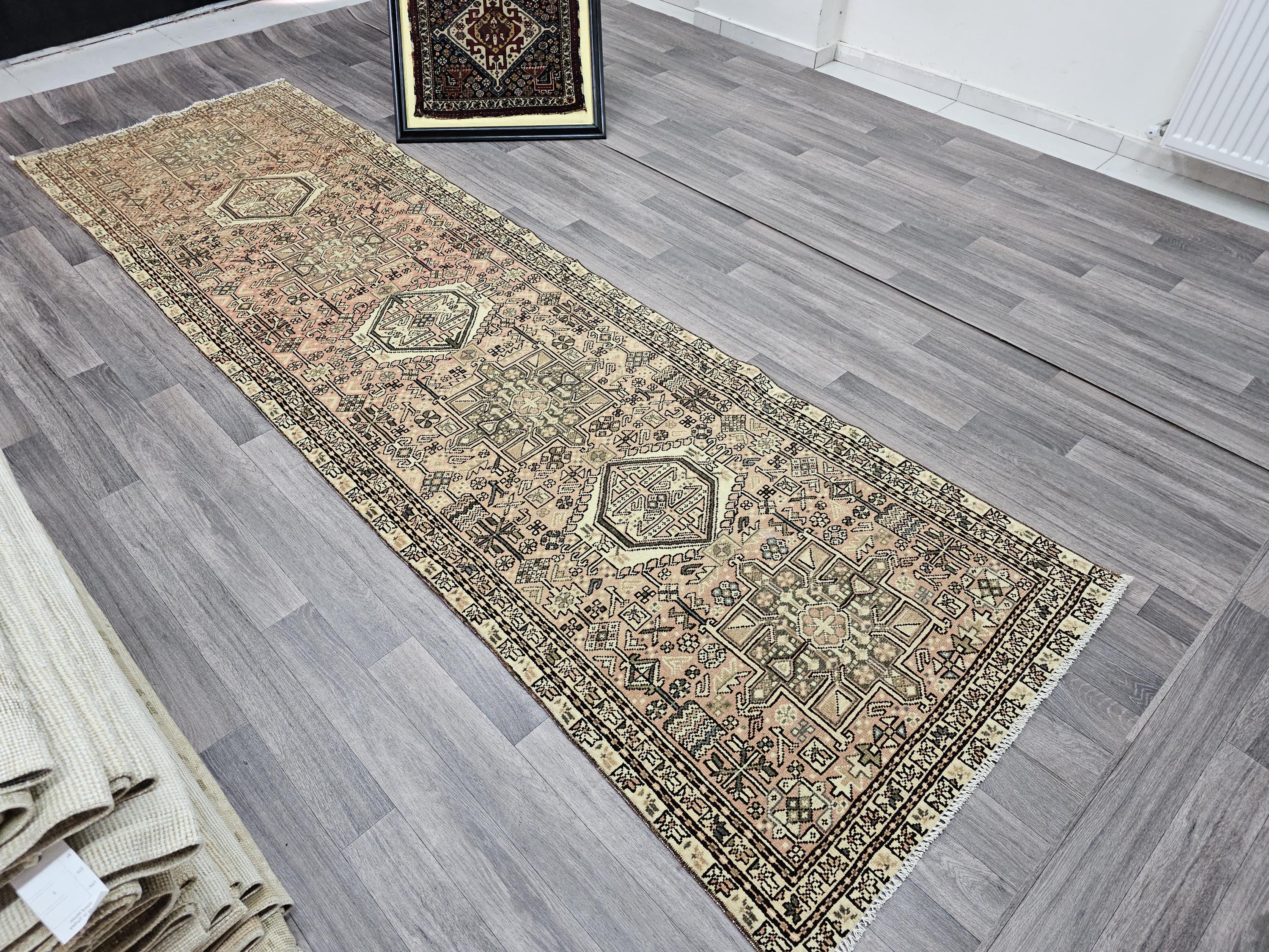 Vintage Persian Runner Rug: Hand-Knotted Wool, Geometric Hallway Aisle Rug (3.10x10.80 feet)