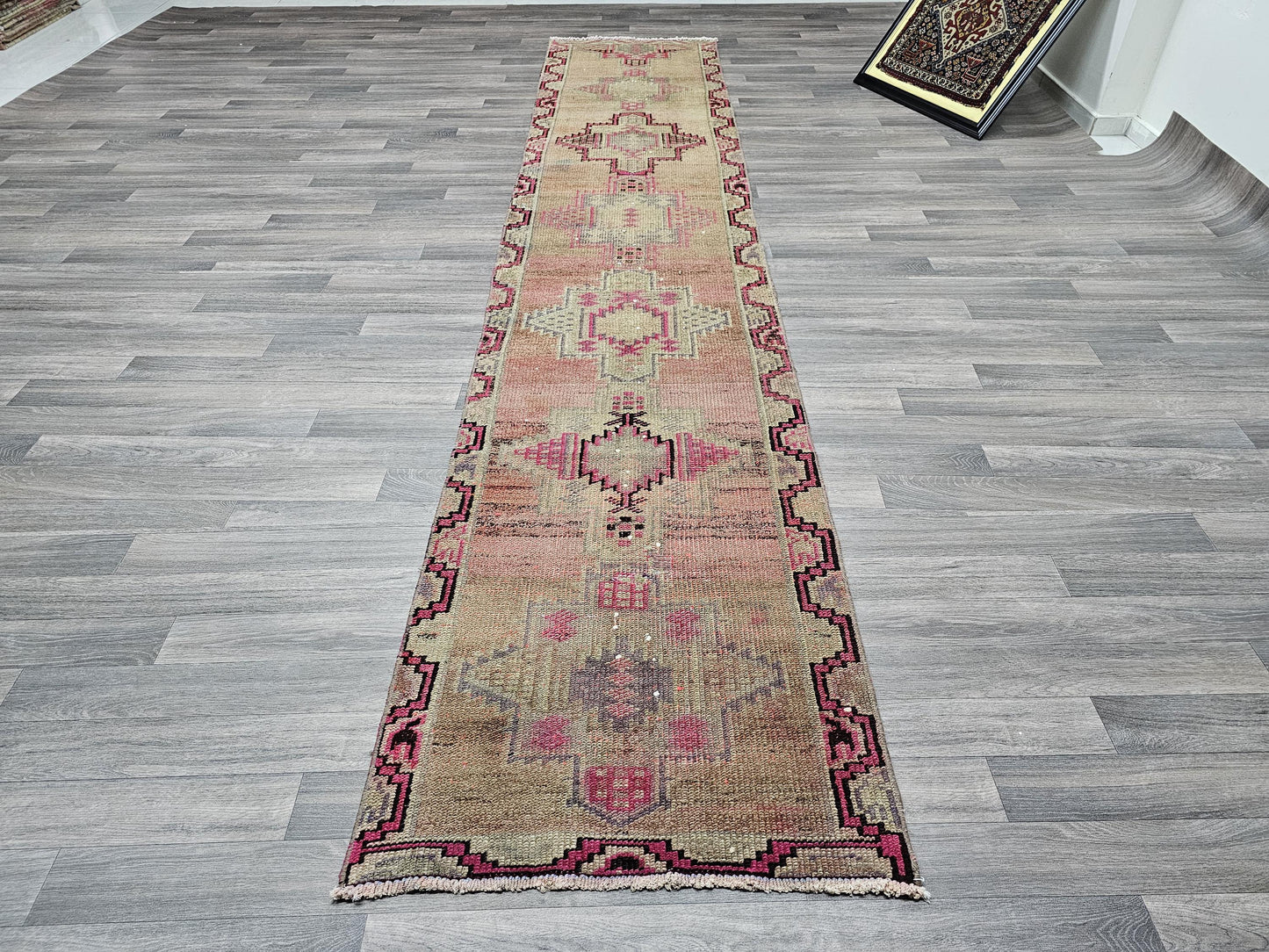 Vintage Wool Runner Rug: 2.5x12.45 ft, Muted Pastel Oriental Hallway Rug