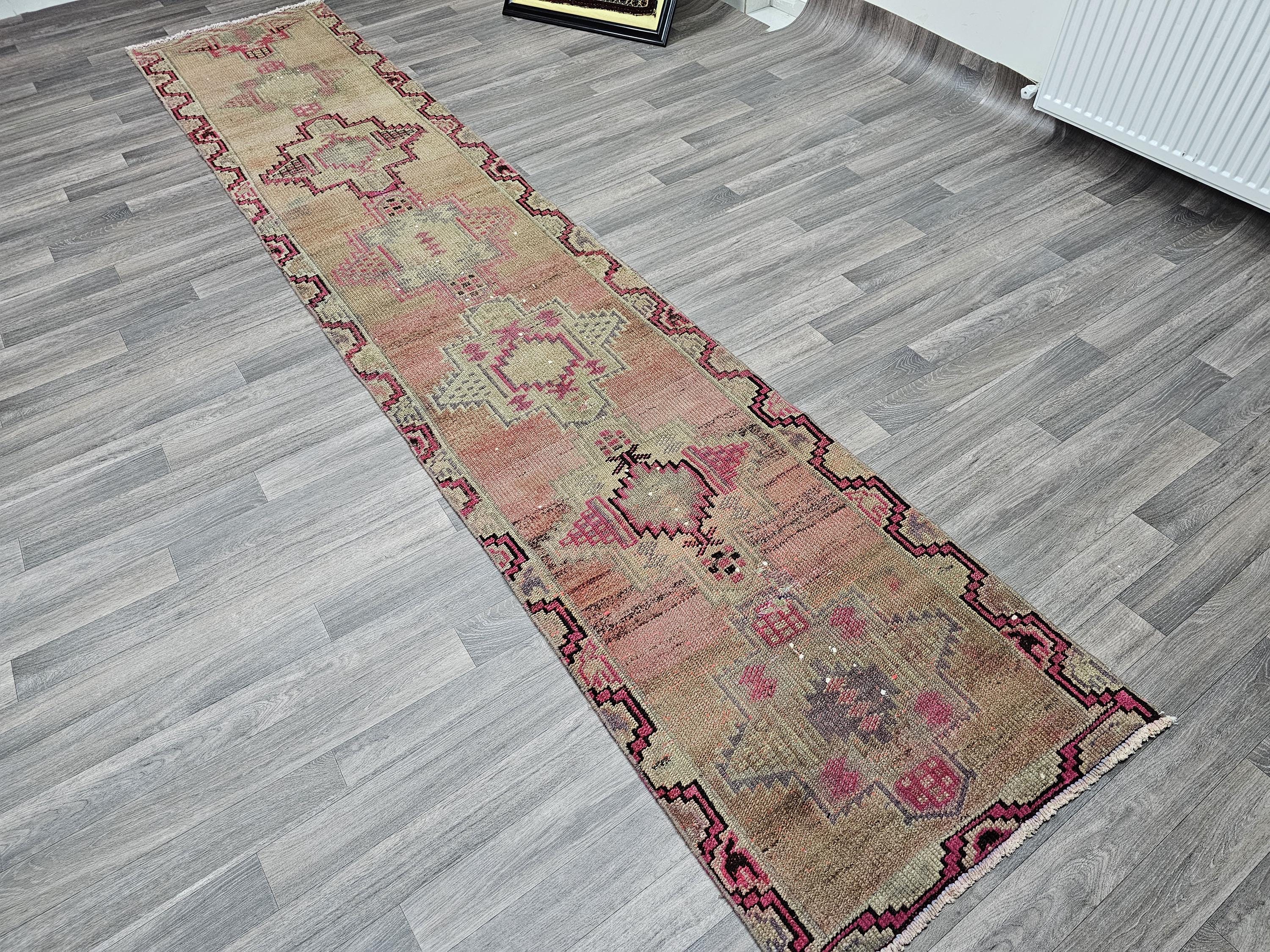 Vintage Wool Runner Rug: 2.5x12.45 ft, Muted Pastel Oriental Hallway Rug