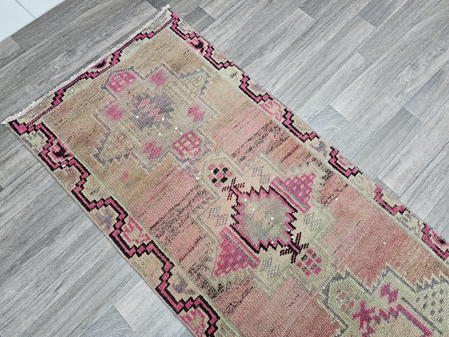 Vintage Wool Runner Rug: 2.5x12.45 ft, Muted Pastel Oriental Hallway Rug