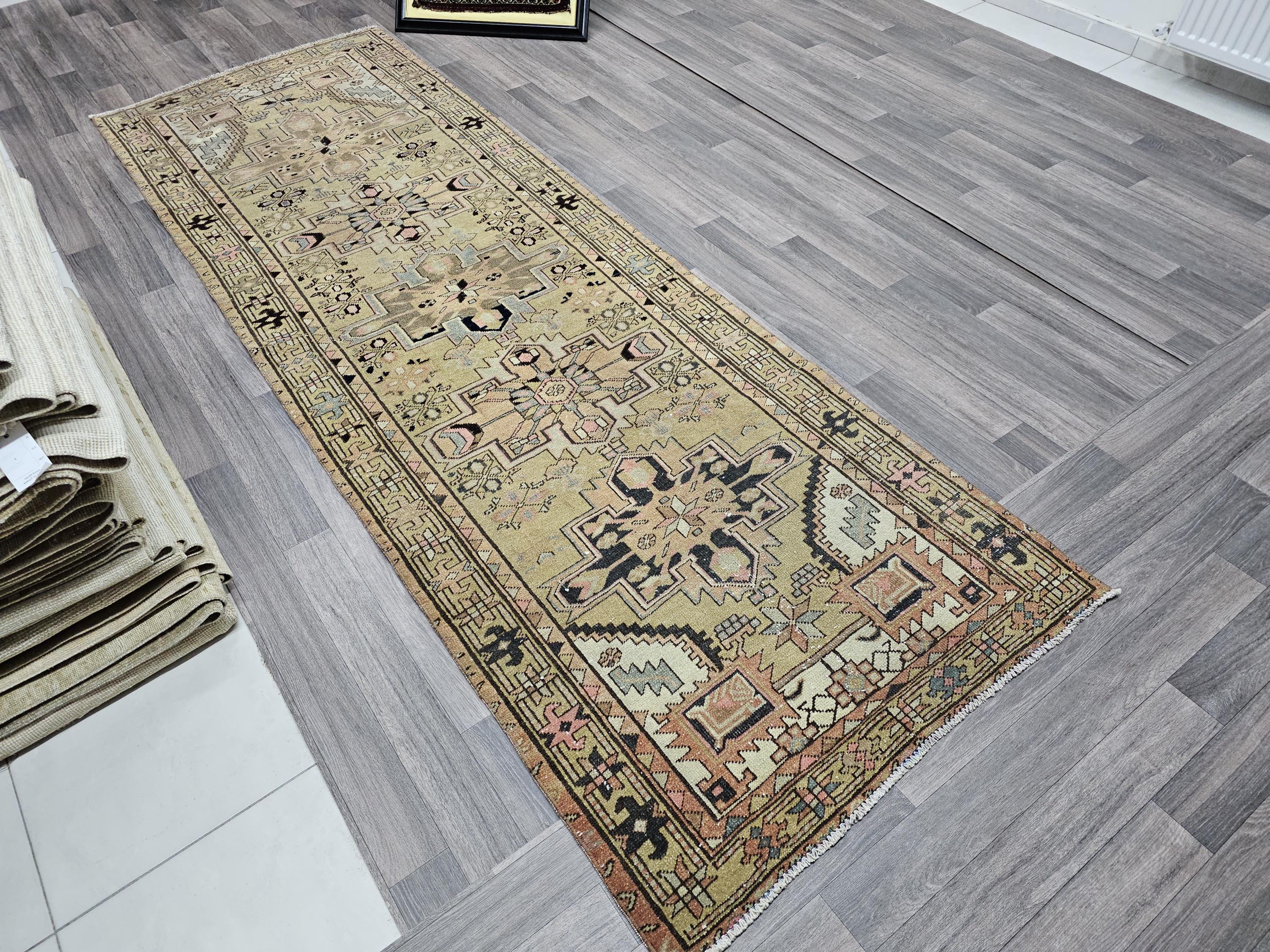 Hand Knotted Wool Turkish Runner Rug: Vintage Geometric Design