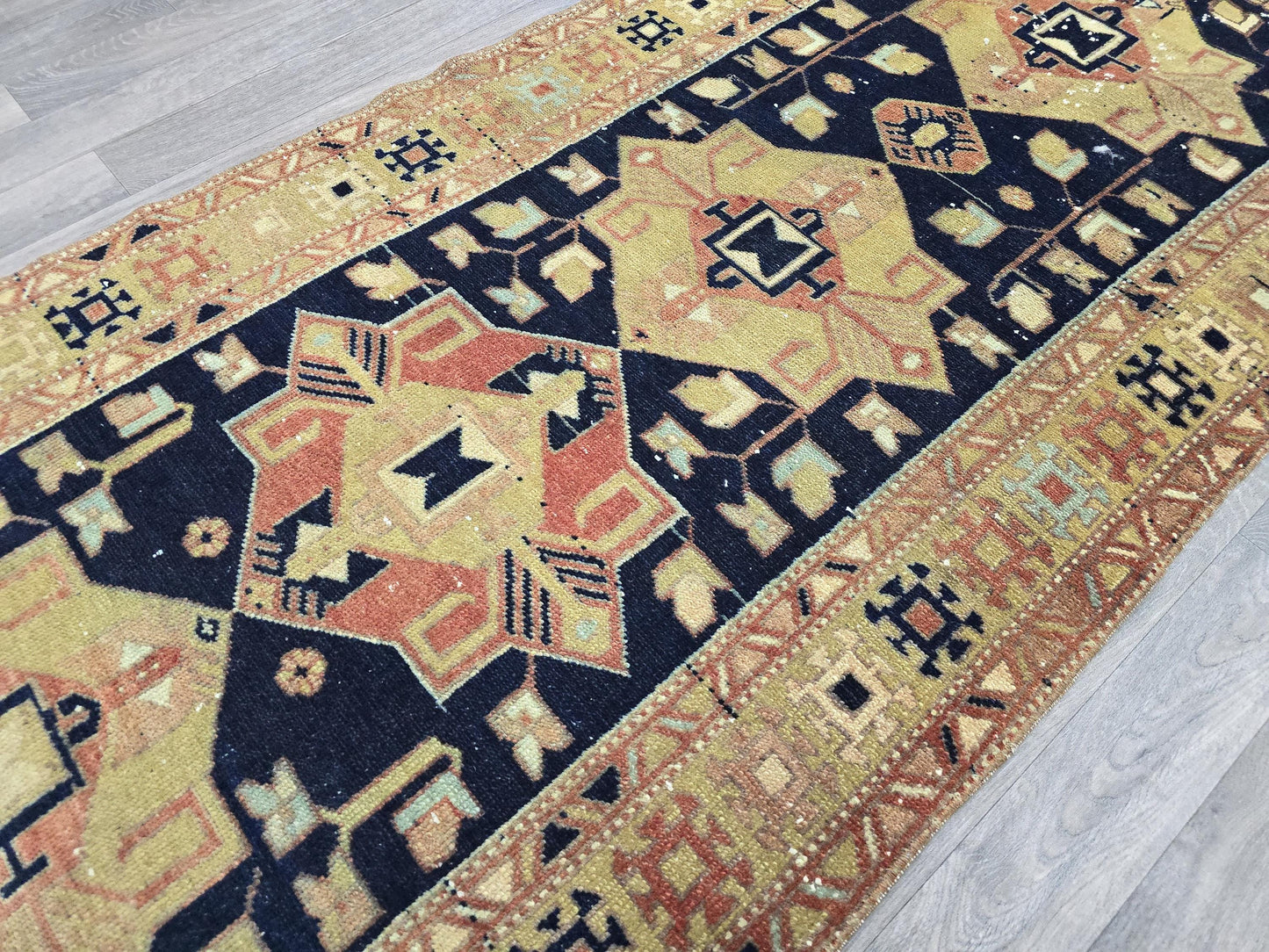 Vintage Turkish Runner Rug: Heriz Pastel Hallway Carpet (3x13 feet)