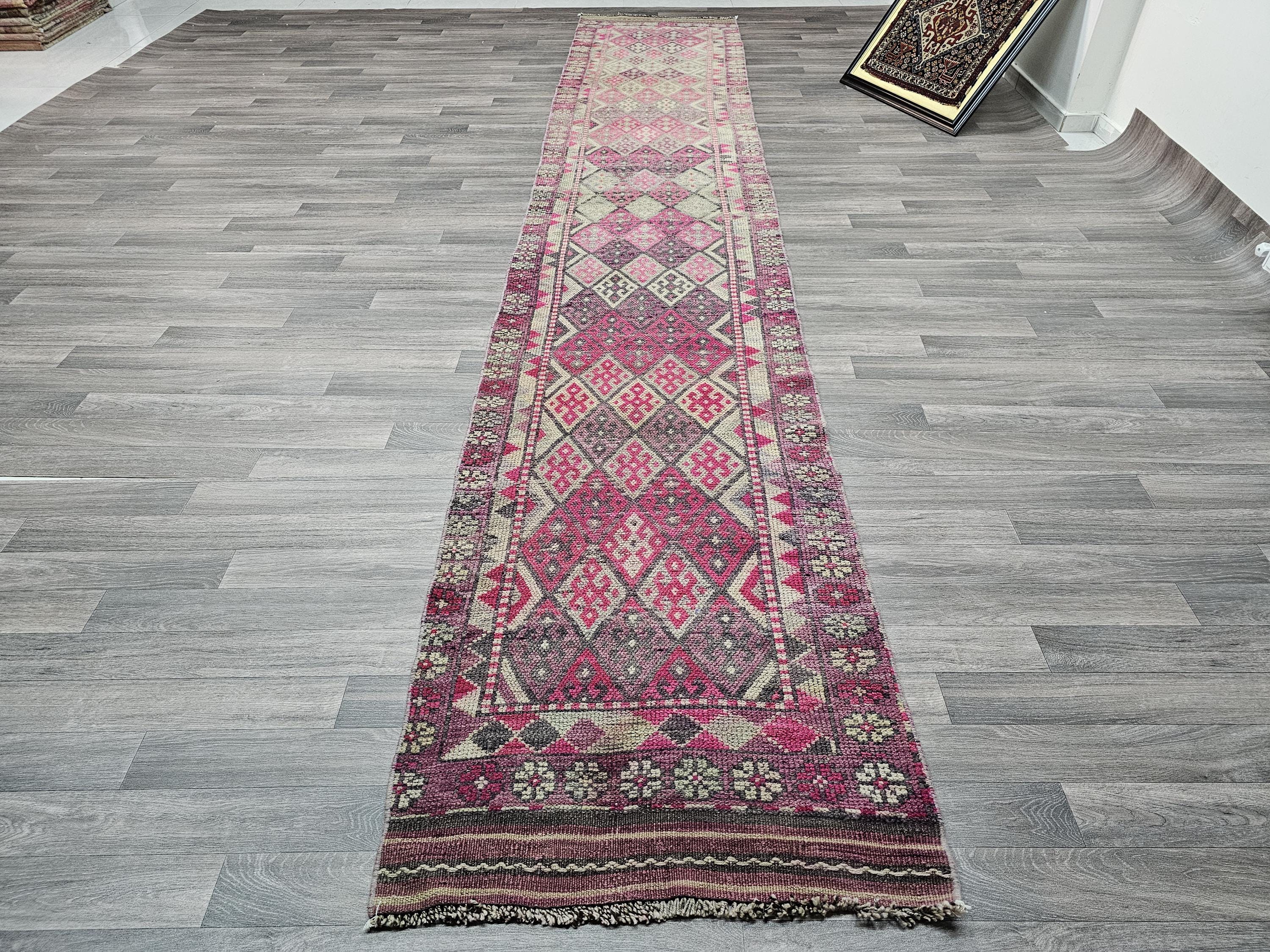 Hand Knotted Wool Turkish Runner: Vintage Geometric Hallway Rug (2.70x14.70 ft)