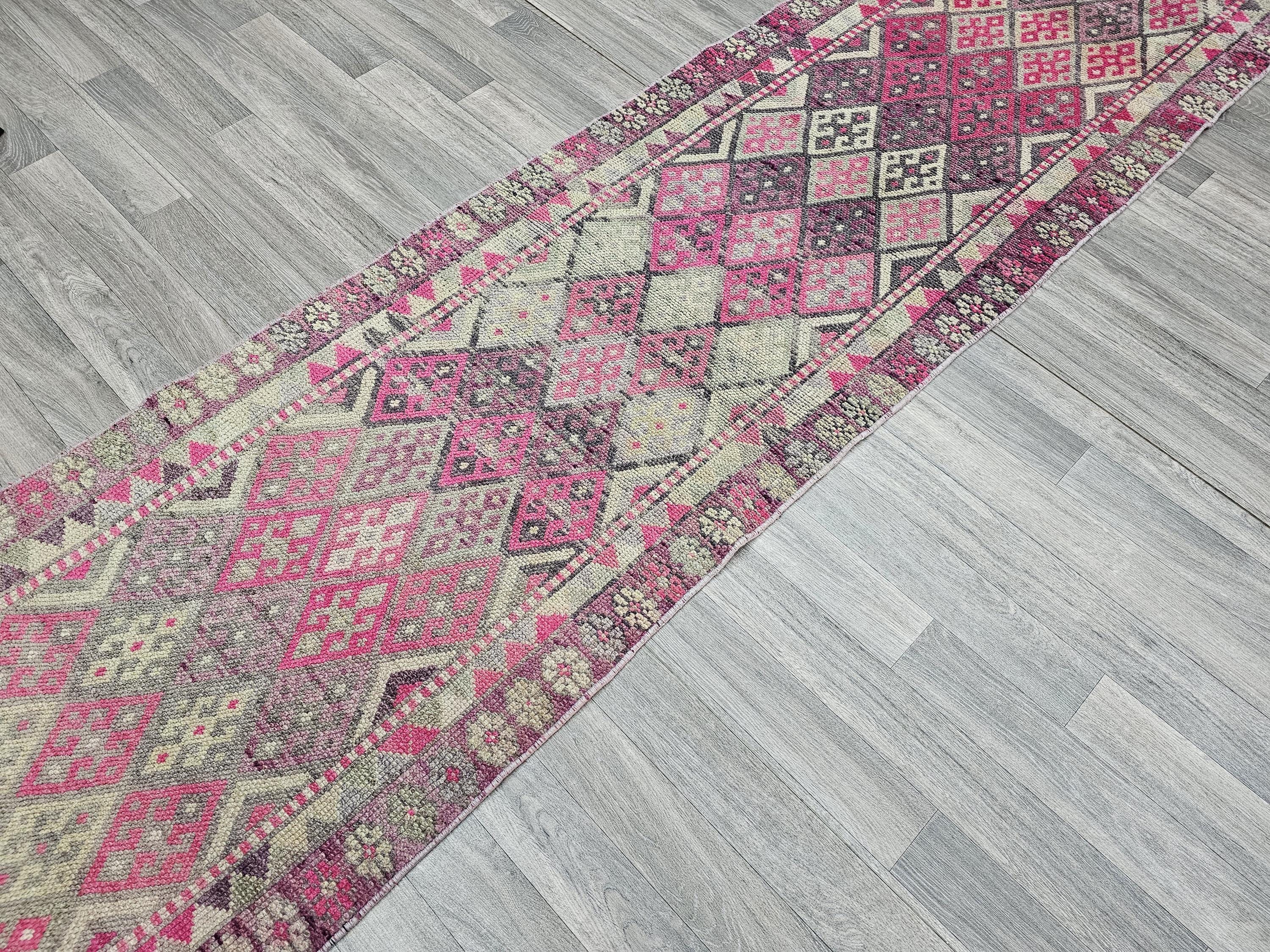 Hand Knotted Wool Turkish Runner: Vintage Geometric Hallway Rug (2.70x14.70 ft)