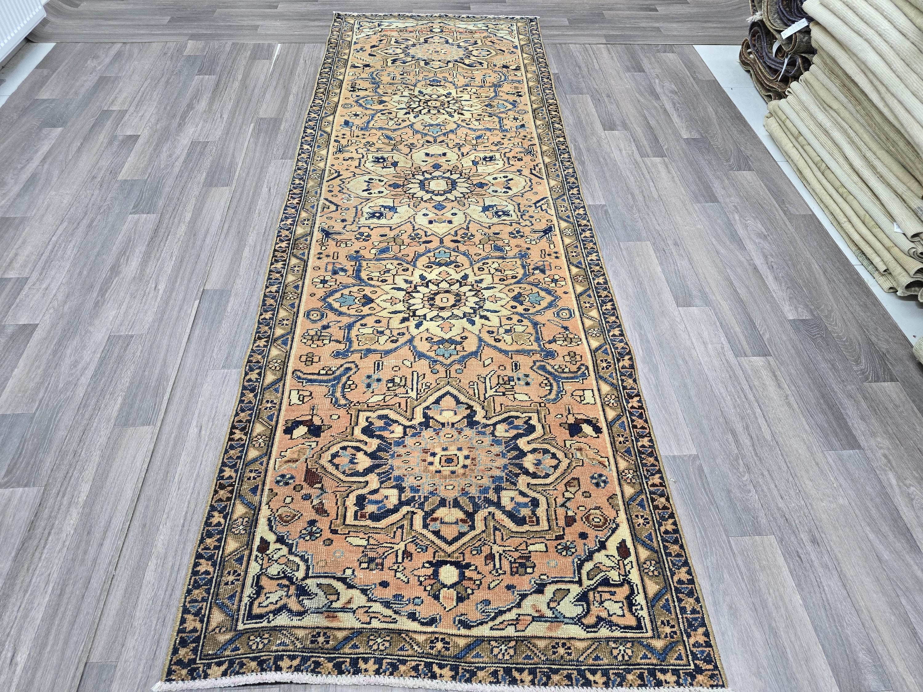Handwoven Vintage Runner Rug: Persian-Inspired Boho Hallway Decor (3.40 x 10 Ft)