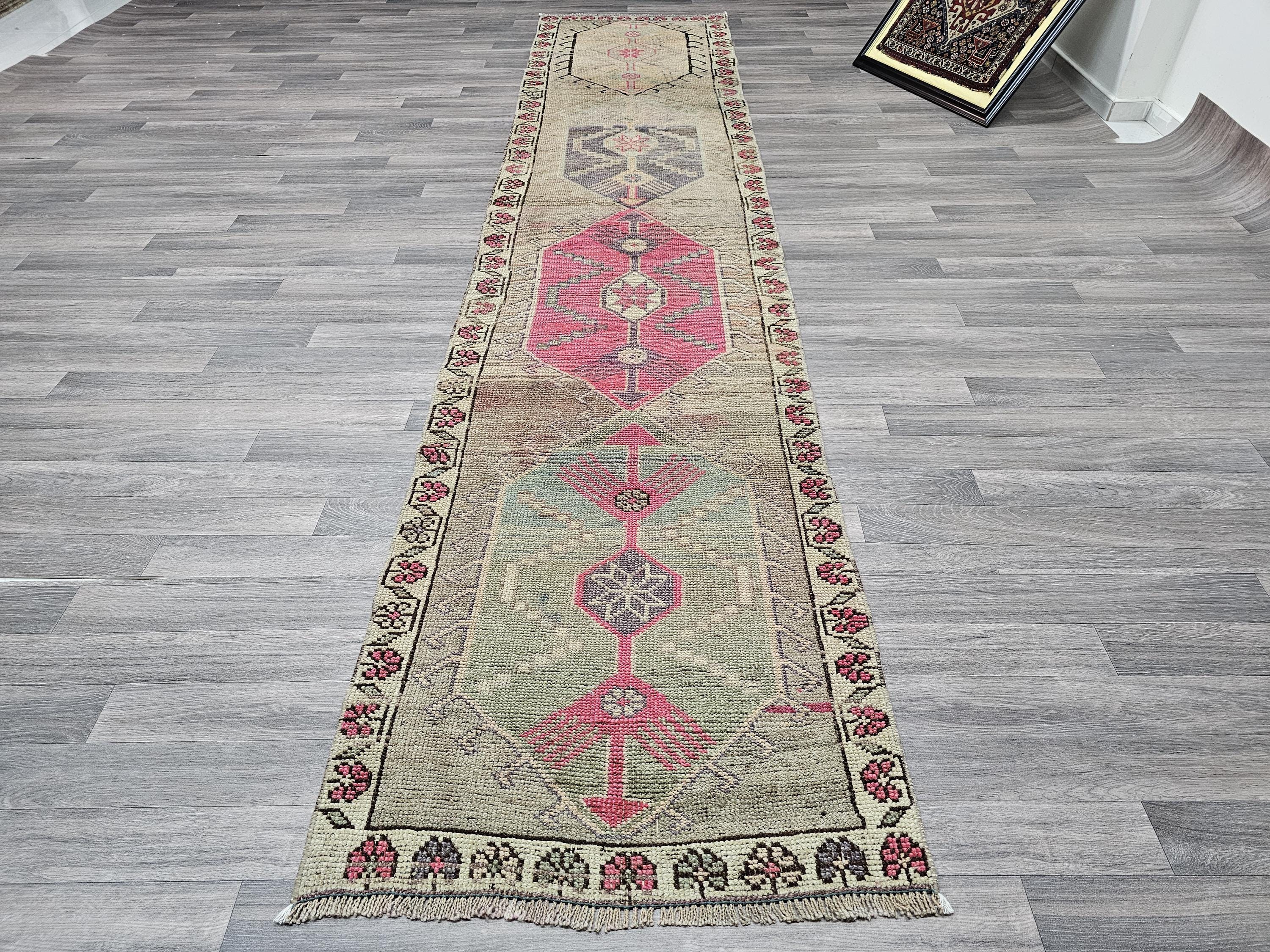 Vintage Herki Wool Runner Rug: 2.7x12.35 ft, Muted Pastel Colors