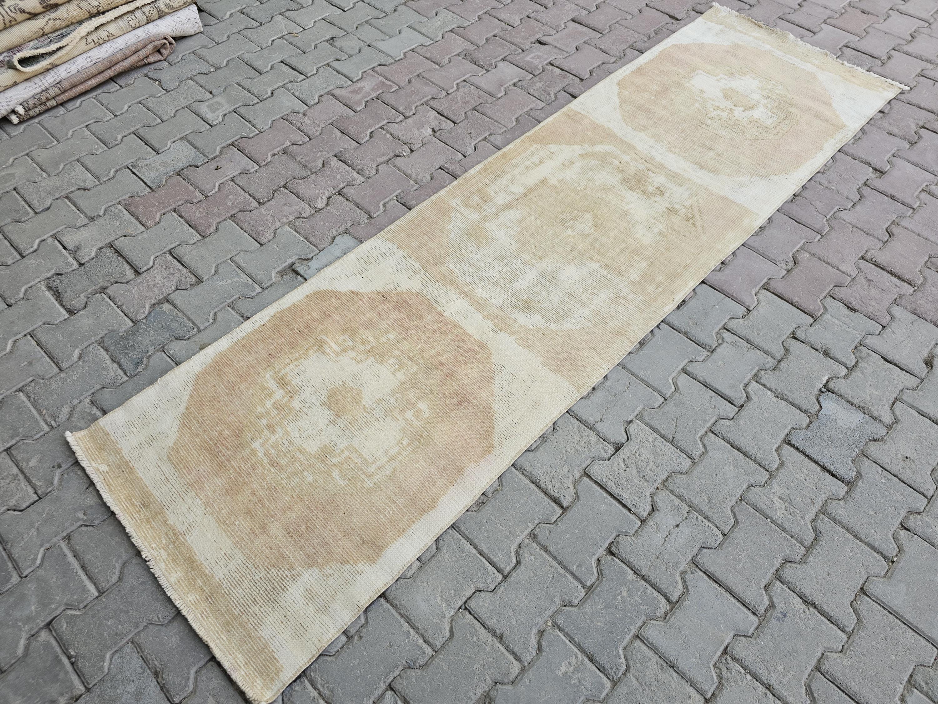 Hand Knotted Turkish Wool Runner: Neutral Vintage Bohemian Rug (2.5x9)