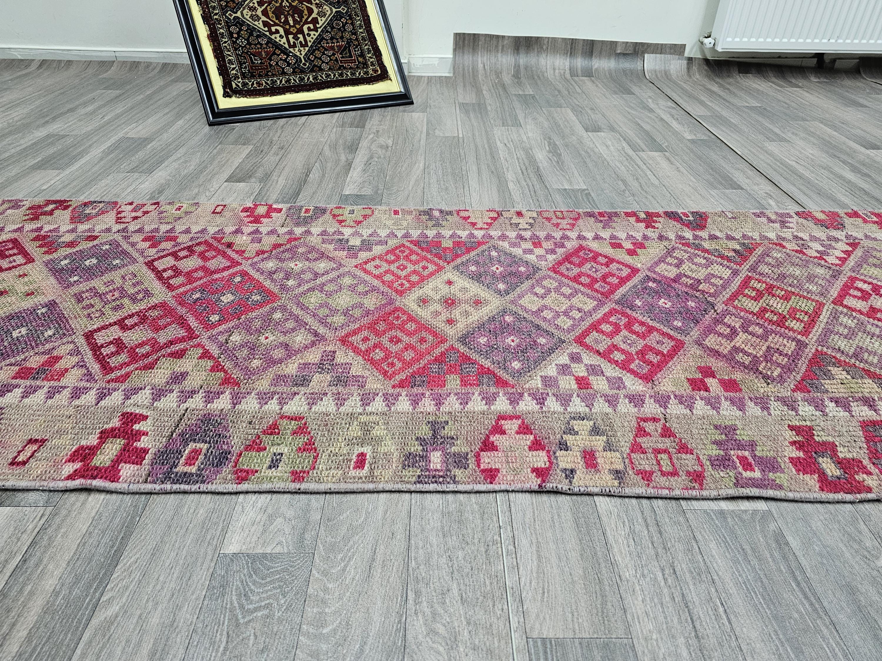 3x13 Narrow Vintage Turkish Runner Rug, Handwoven Kilim Rug, Geometric Pattern, Home Decor