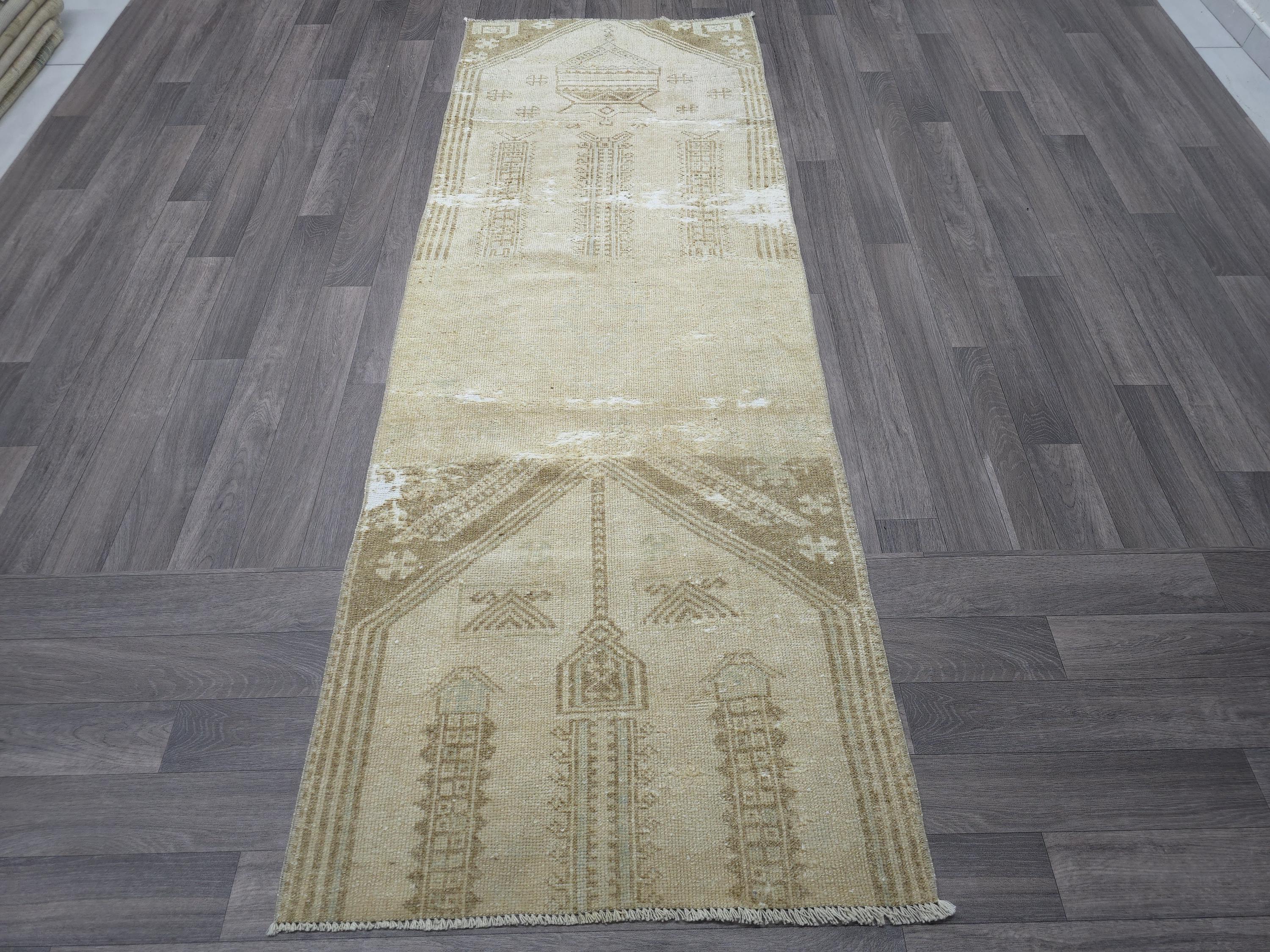Hand Knotted Wool Runner: 3x7 Vintage Turkish Oushak Hallway Rug